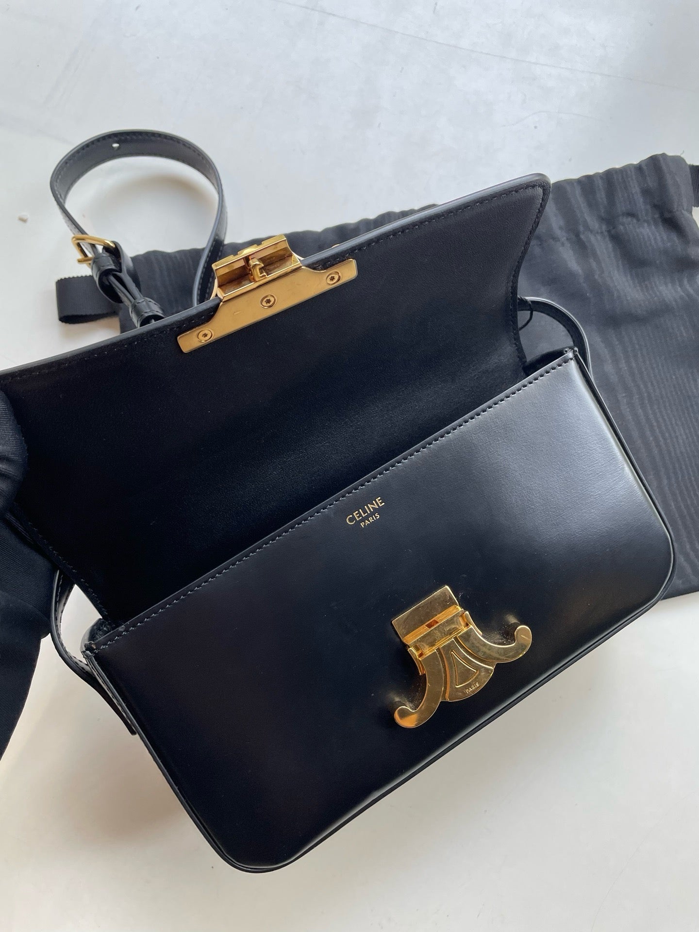 Pre-owned Certified Celine Triomphe Shoulder Black Calfskin with Golden Hardware, w/ dust bag