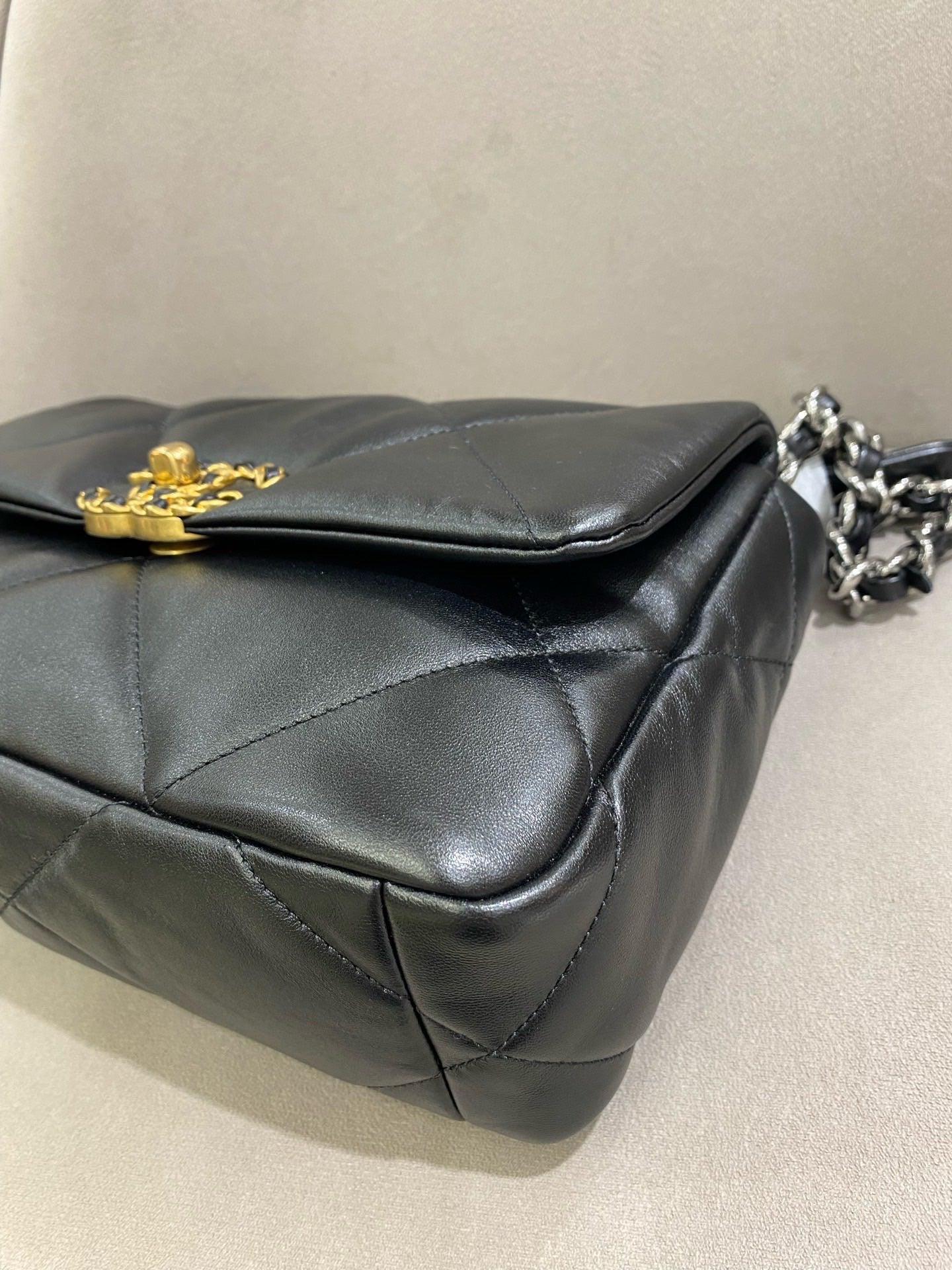 Pre-owned Certified Chanel 19Bag Small Black Lambskin Golden Hw, Microchipped, with Full Set