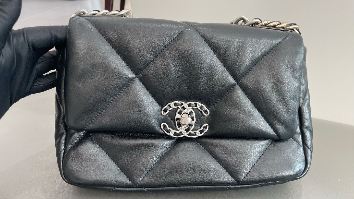 Pre-owned Certified Chanel 19Bag Small Black Lambskin Silver Hardware, 2022 microchipped, w/ full set
