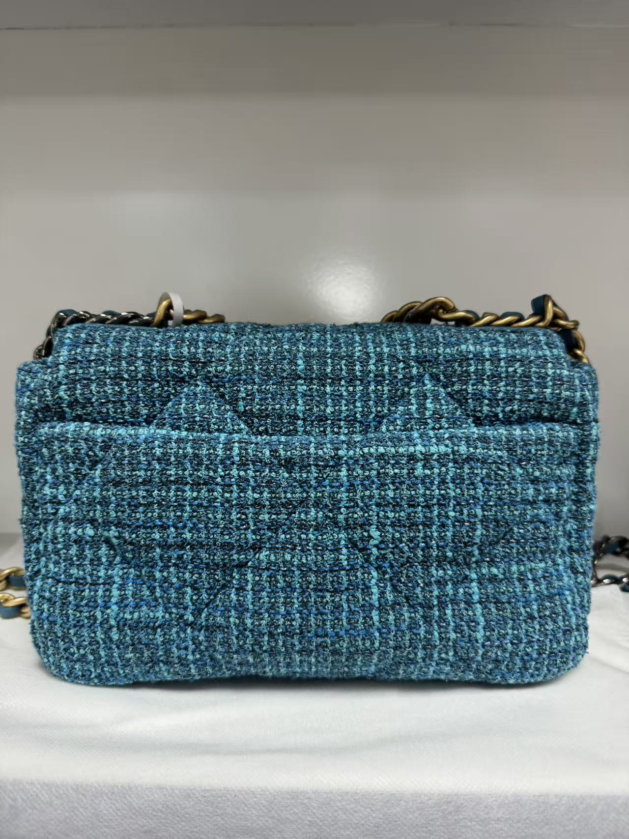 Pre-owned Certified Chanel 19Bag Small Light Blue Tweed with Golden Hardware, 2022 Microchipped, w/ full set