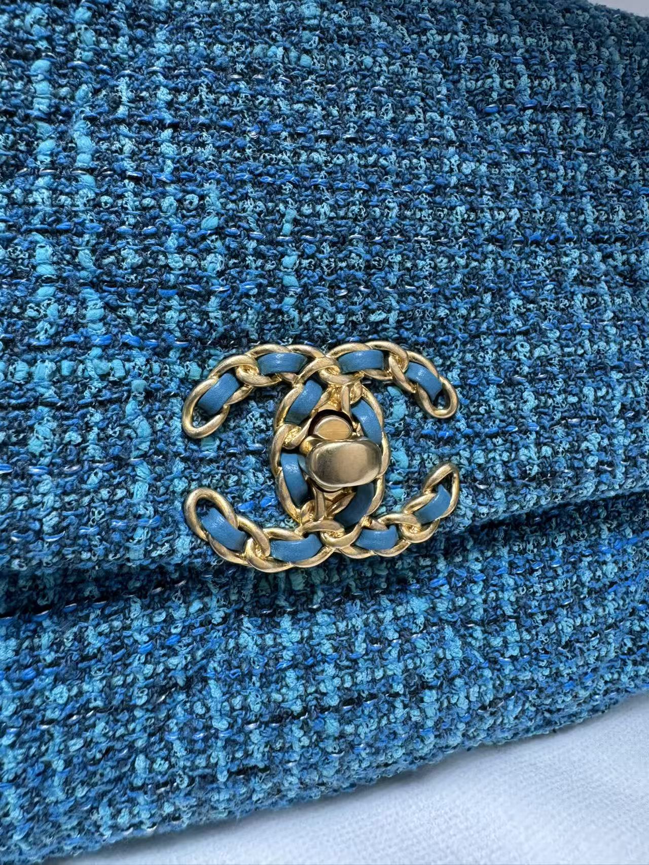 Pre-owned Certified Chanel 19Bag Small Light Blue Tweed with Golden Hardware, 2022 Microchipped, w/ full set