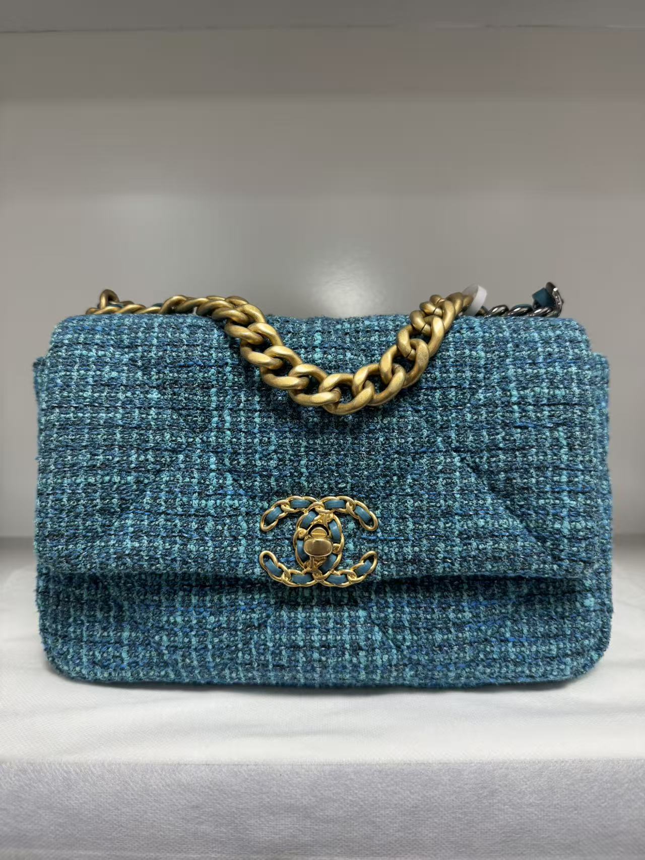Pre-owned Certified Chanel 19Bag Small Light Blue Tweed with Golden Hardware, 2022 Microchipped, w/ full set
