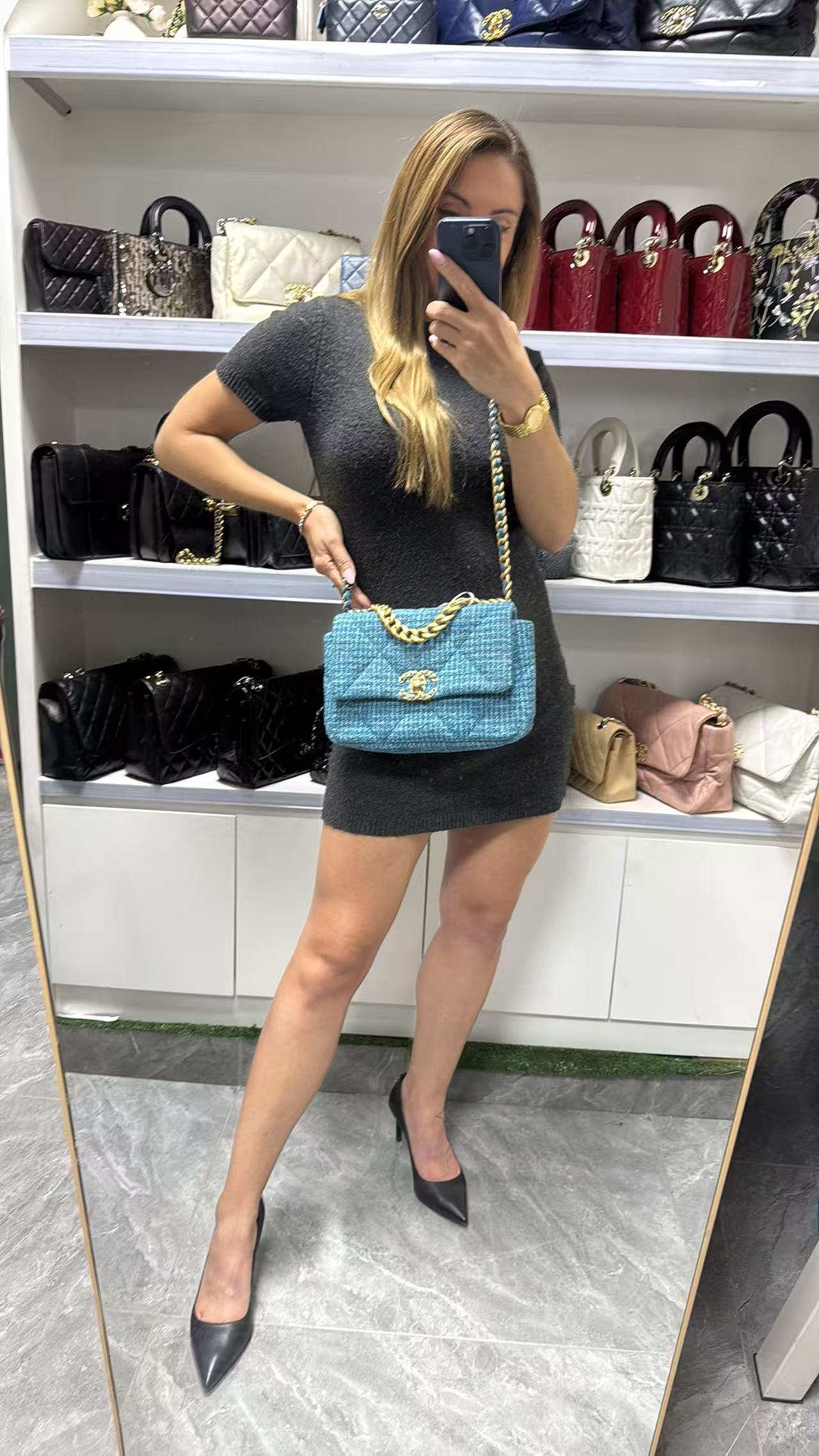 Pre-owned Certified Chanel 19Bag Small Light Blue Tweed with Golden Hardware, 2022 Microchipped, w/ full set