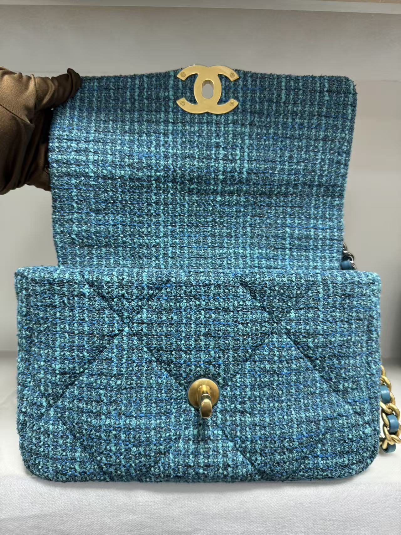 Pre-owned Certified Chanel 19Bag Small Light Blue Tweed with Golden Hardware, 2022 Microchipped, w/ full set