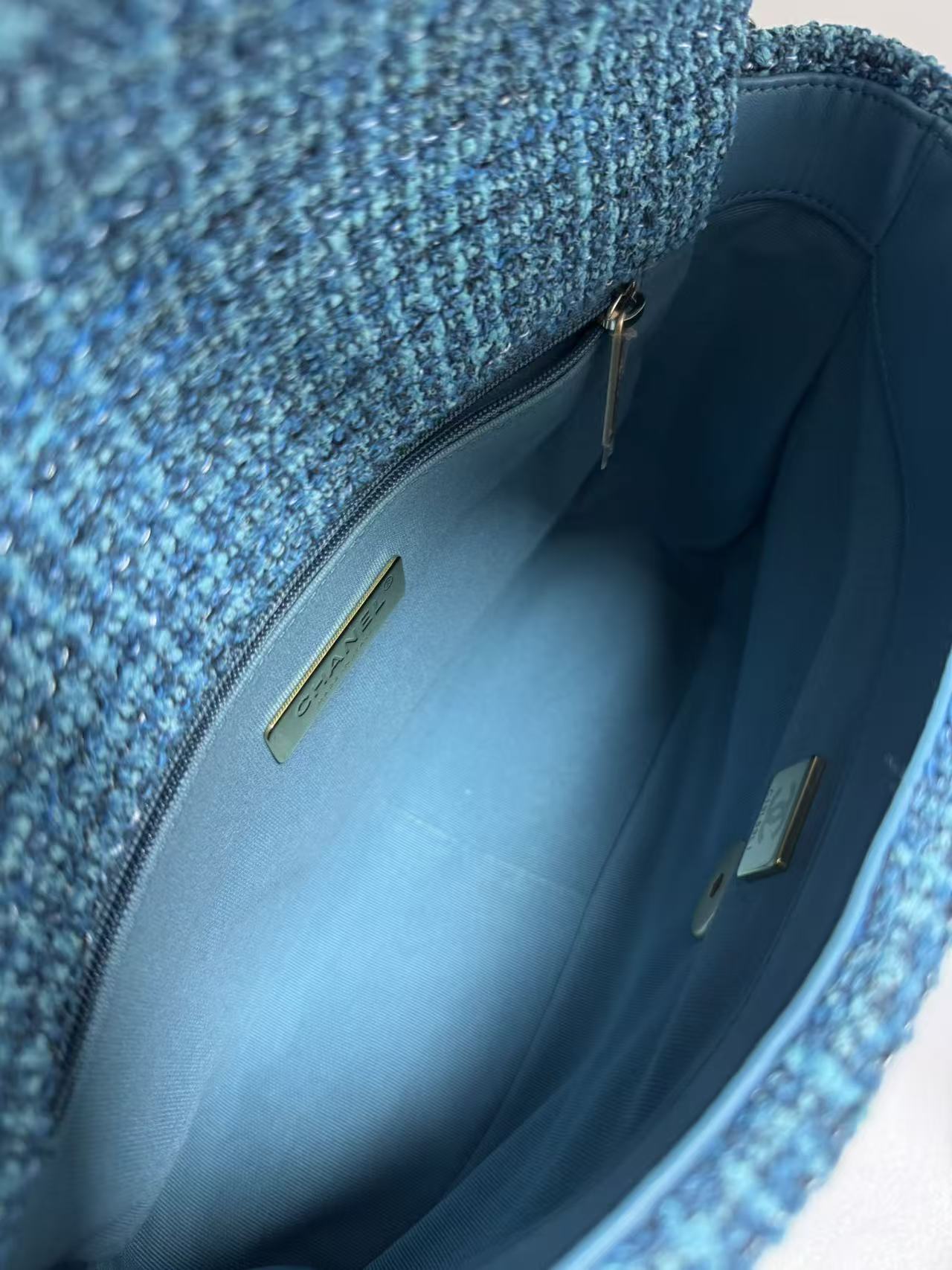 Pre-owned Certified Chanel 19Bag Small Light Blue Tweed with Golden Hardware, 2022 Microchipped, w/ full set