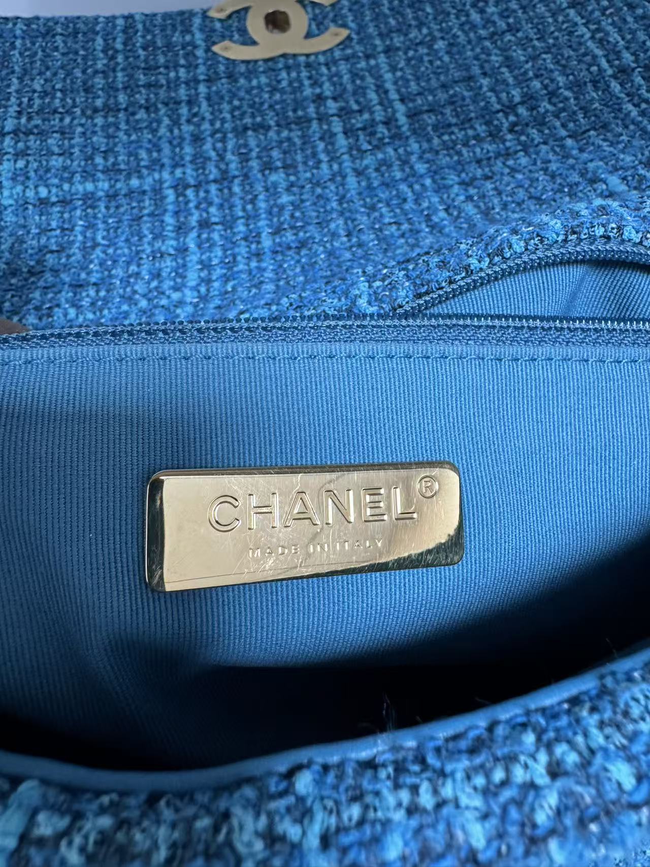 Pre-owned Certified Chanel 19Bag Small Light Blue Tweed with Golden Hardware, 2022 Microchipped, w/ full set