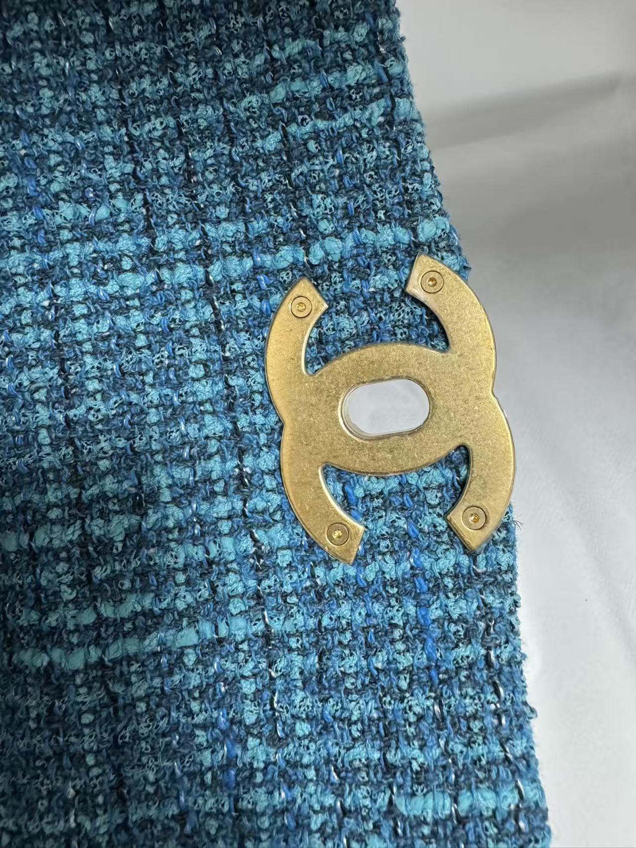 Pre-owned Certified Chanel 19Bag Small Light Blue Tweed with Golden Hardware, 2022 Microchipped, w/ full set