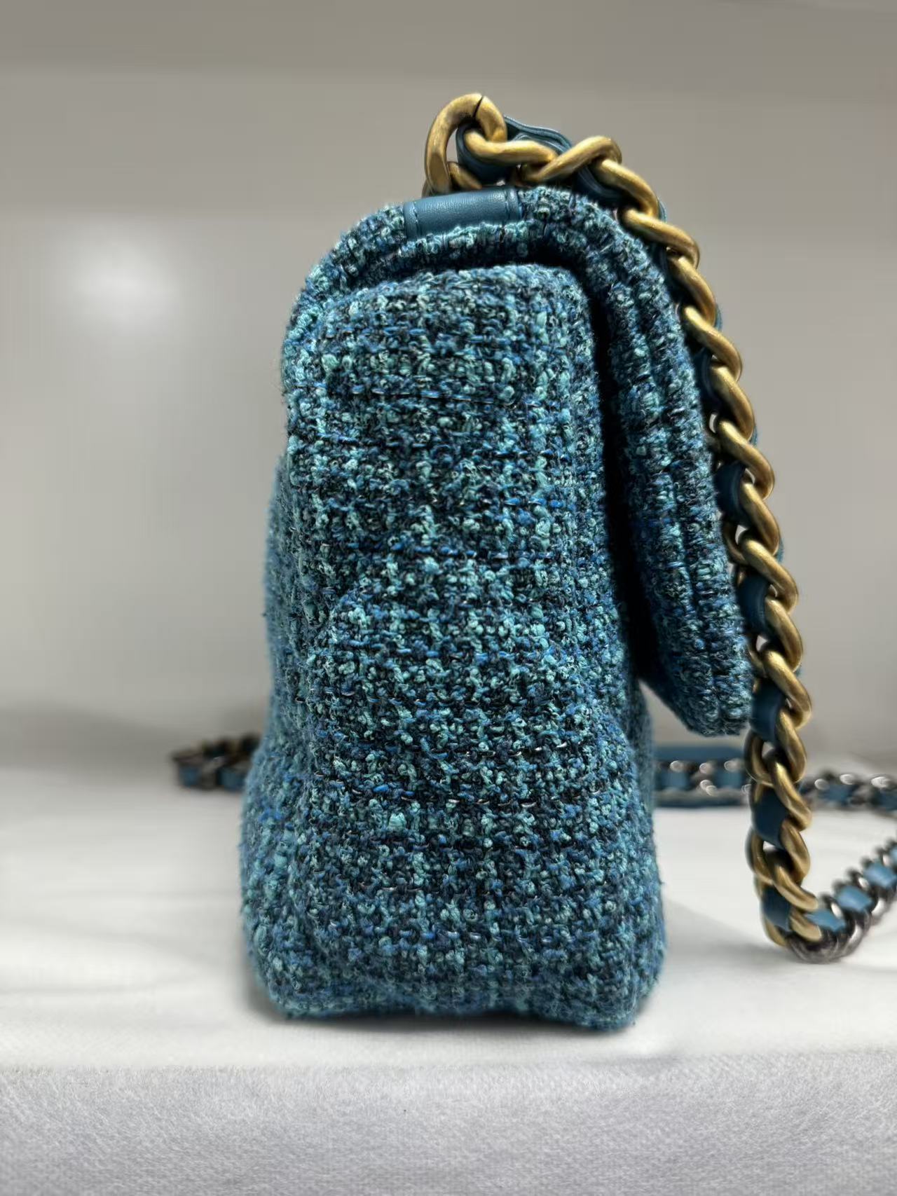 Pre-owned Certified Chanel 19Bag Small Light Blue Tweed with Golden Hardware, 2022 Microchipped, w/ full set