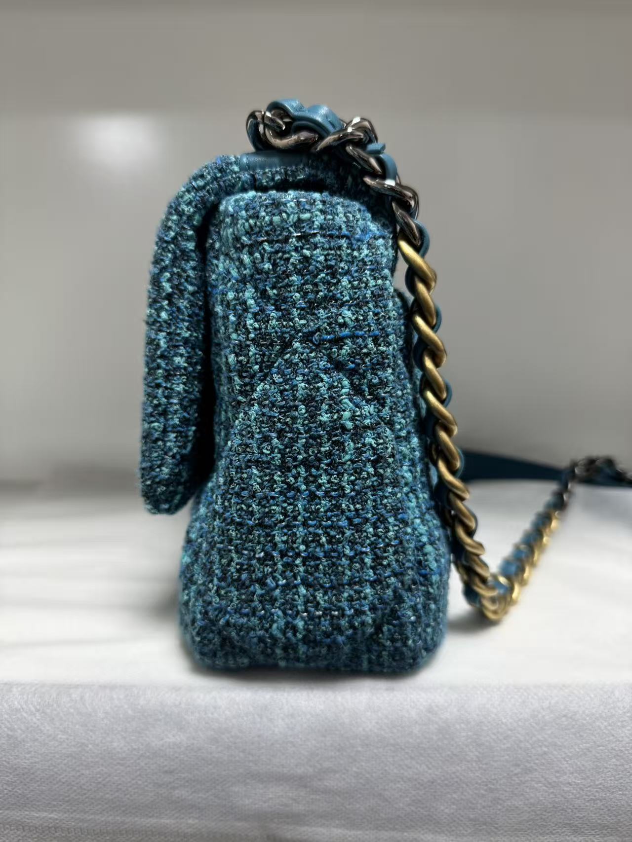 Pre-owned Certified Chanel 19Bag Small Light Blue Tweed with Golden Hardware, 2022 Microchipped, w/ full set