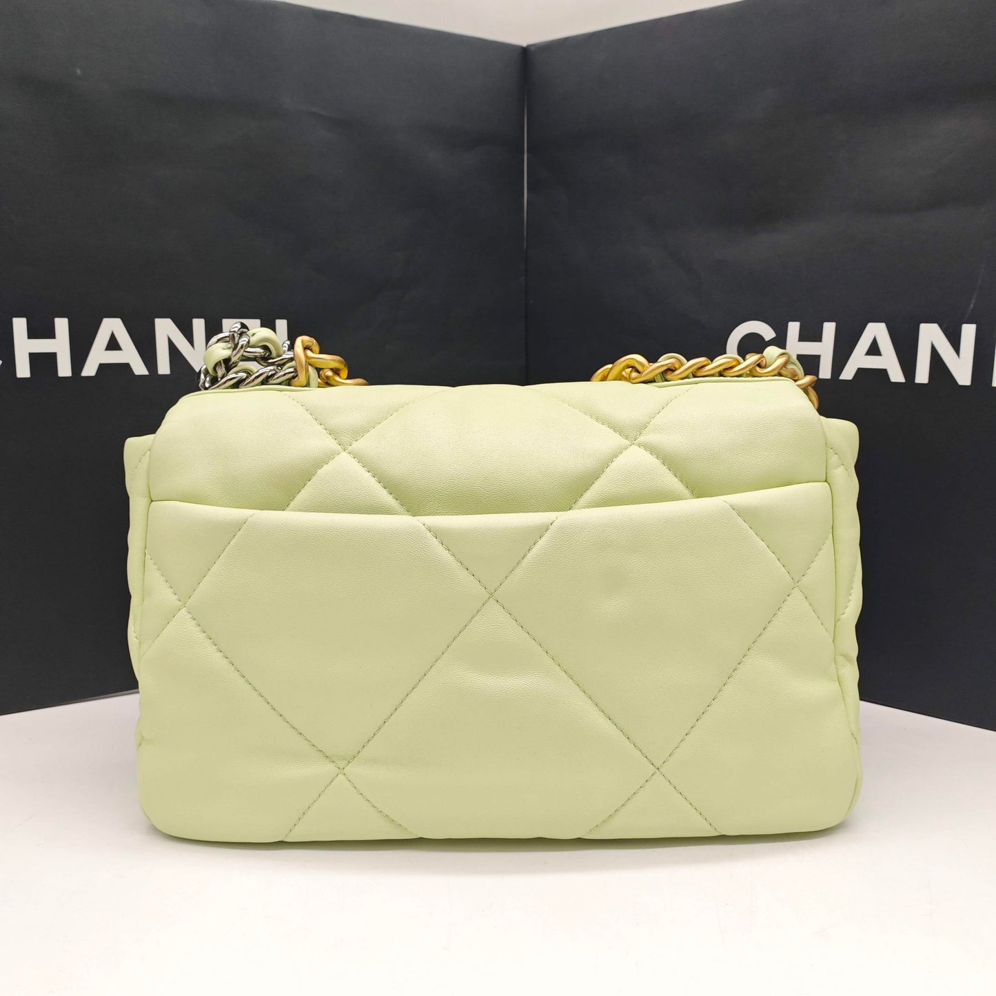 Pre-owned Certified Chanel 19Bag Small Light Green 22C Lambskin Golden Hardware, 2022 Microchipped