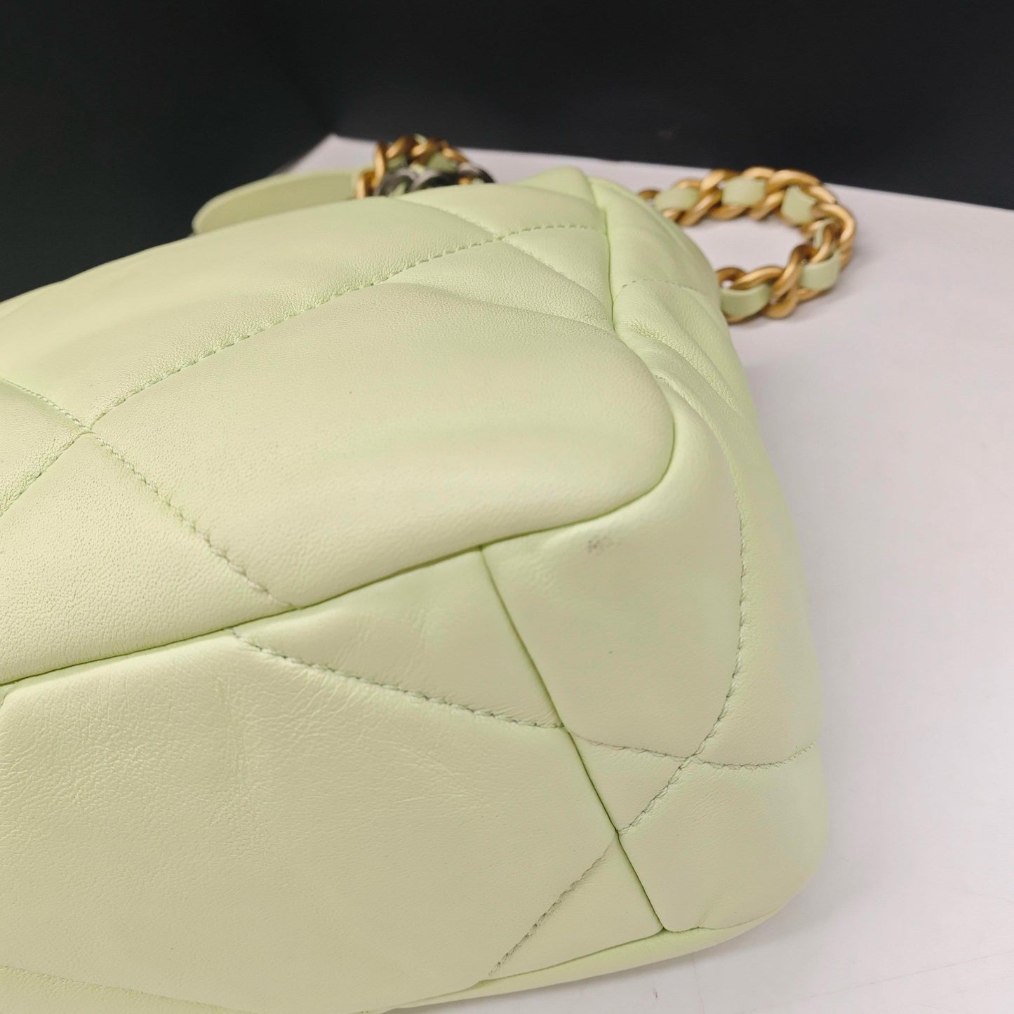 Pre-owned Certified Chanel 19Bag Small Light Green 22C Lambskin Golden Hardware, 2022 Microchipped
