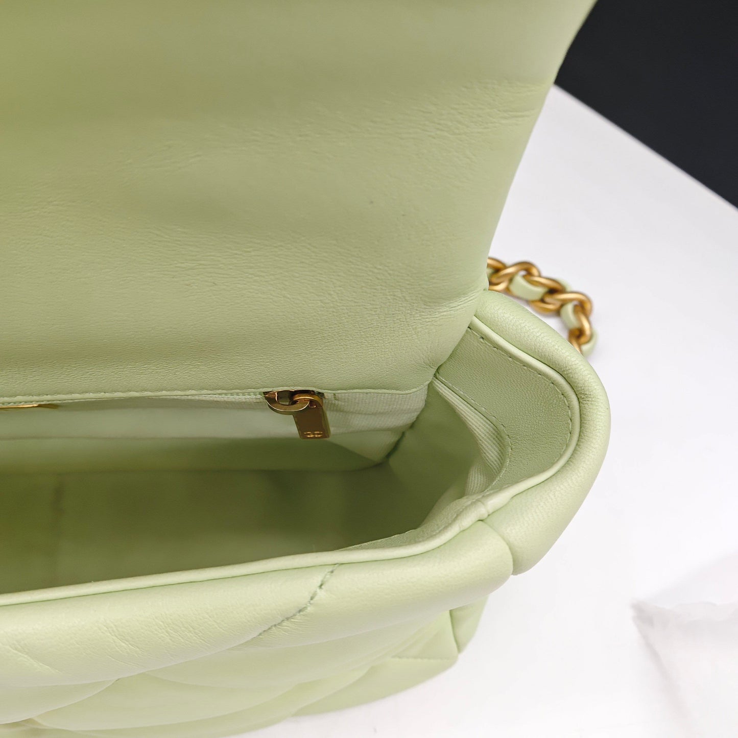 Pre-owned Certified Chanel 19Bag Small Light Green 22C Lambskin Golden Hardware, 2022 Microchipped