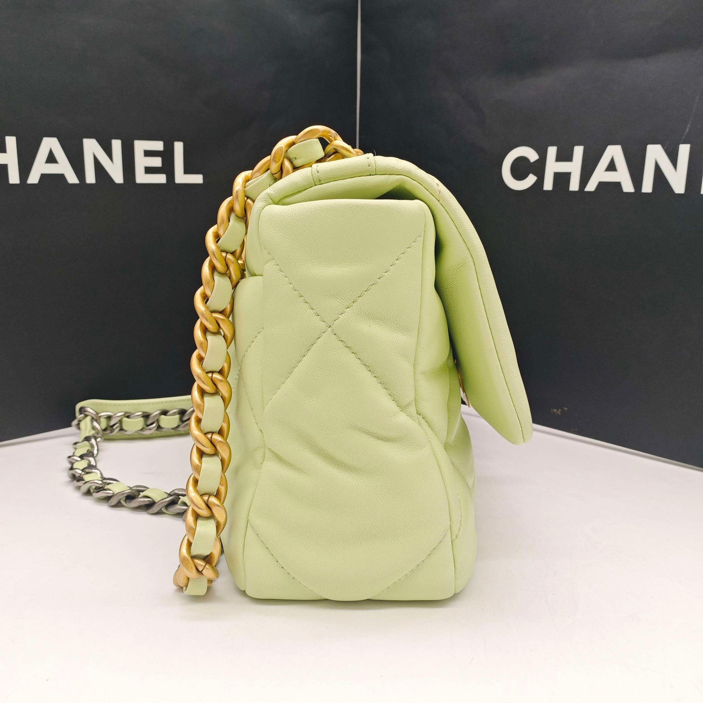 Pre-owned Certified Chanel 19Bag Small Light Green 22C Lambskin Golden Hardware, 2022 Microchipped