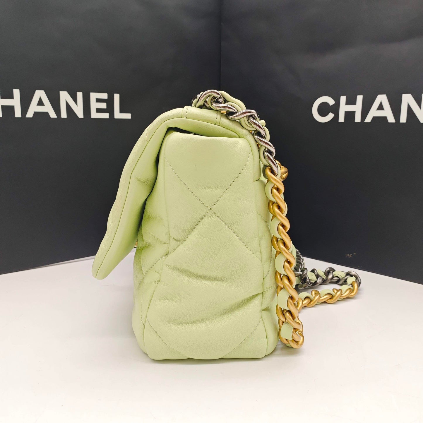 Pre-owned Certified Chanel 19Bag Small Light Green 22C Lambskin Golden Hardware, 2022 Microchipped