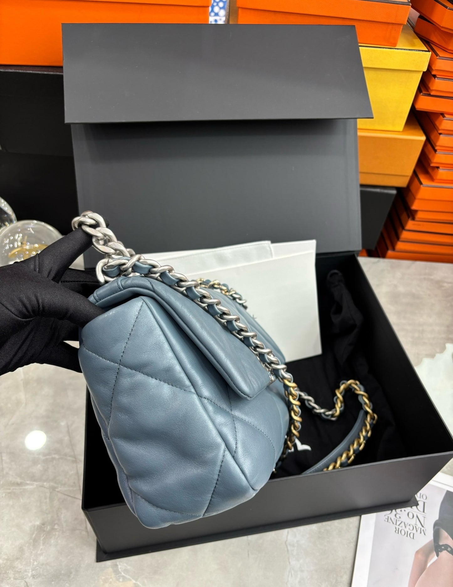 Pre-owned Certified Chanel 19Bag Small Sky Blue Lambskin Silver Hardware, 2023 microchipped, w/ full set