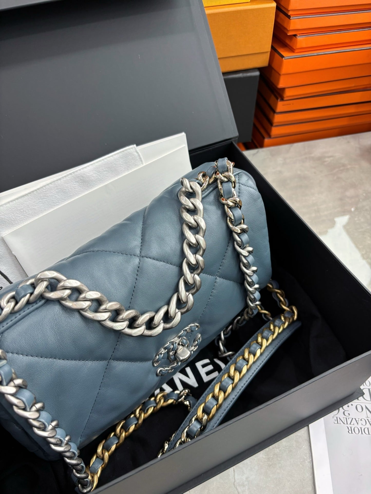 Pre-owned Certified Chanel 19Bag Small Sky Blue Lambskin Silver Hardware, 2023 microchipped, w/ full set