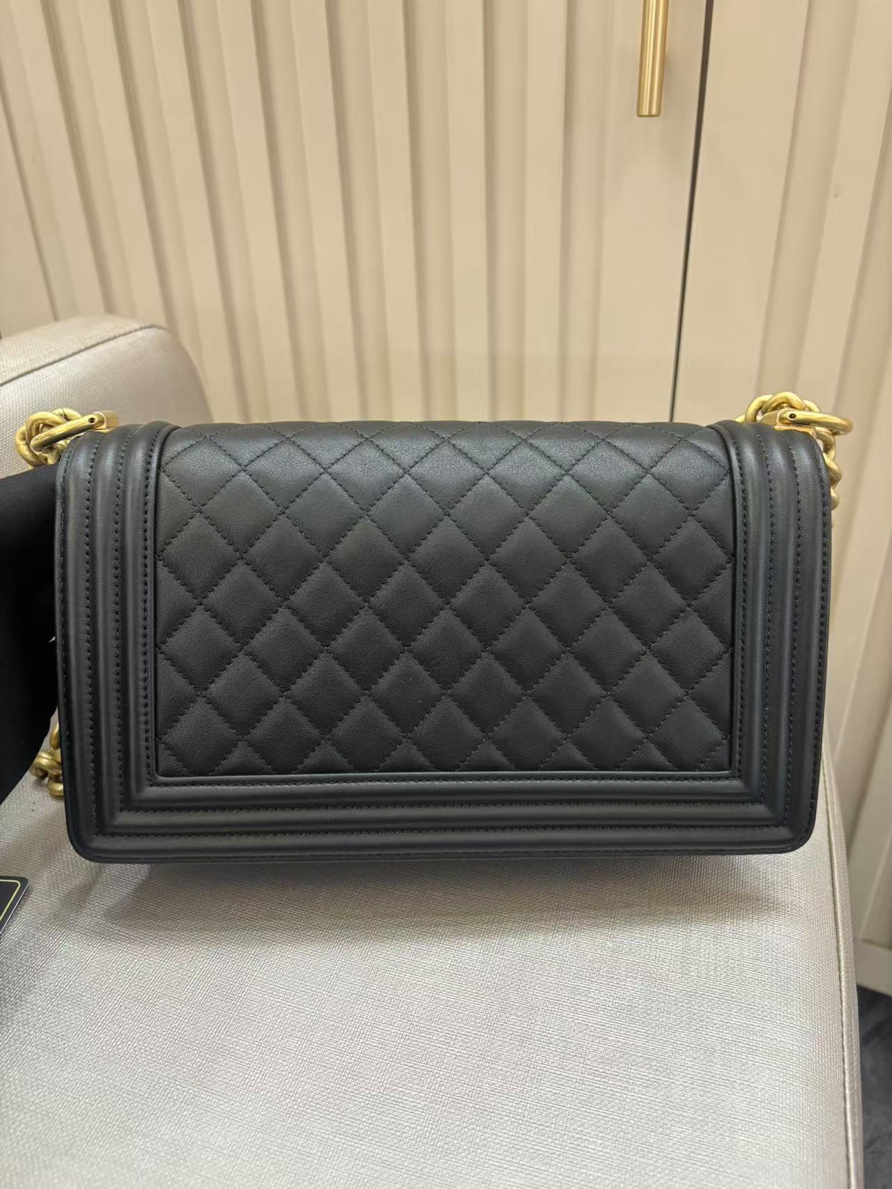 Pre-owned Certified Chanel Boy Bag Medium Black Calfskin with Golden Hardware, 2020, w/ Full set