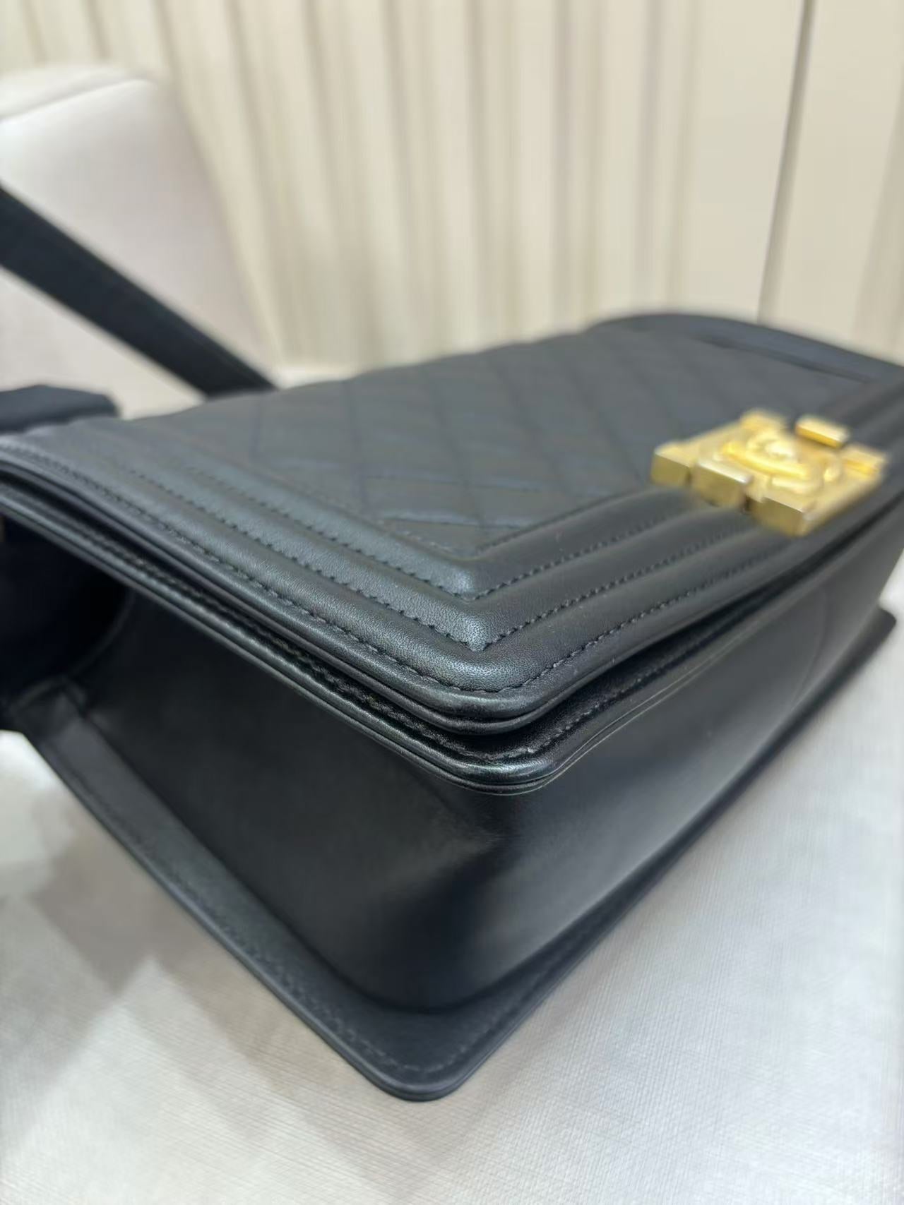 Pre-owned Certified Chanel Boy Bag Medium Black Calfskin with Golden Hardware, 2020, w/ Full set