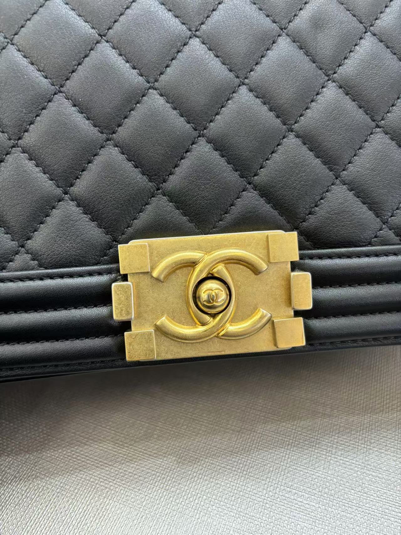 Pre-owned Certified Chanel Boy Bag Medium Black Calfskin with Golden Hardware, 2020, w/ Full set