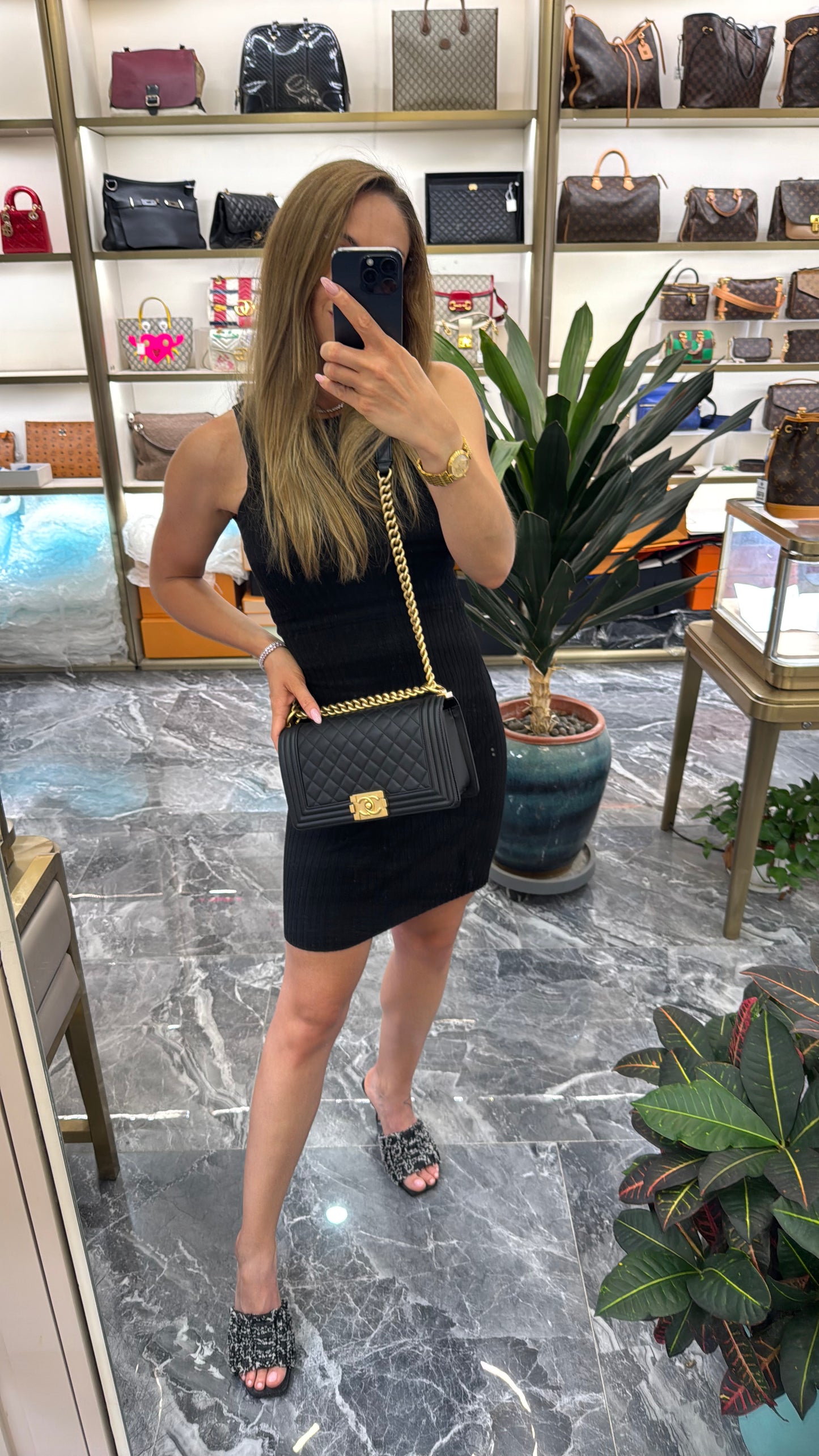 Pre-owned Certified Chanel Boy Bag Medium Black Calfskin with Golden Hardware, 2020, w/ Full set