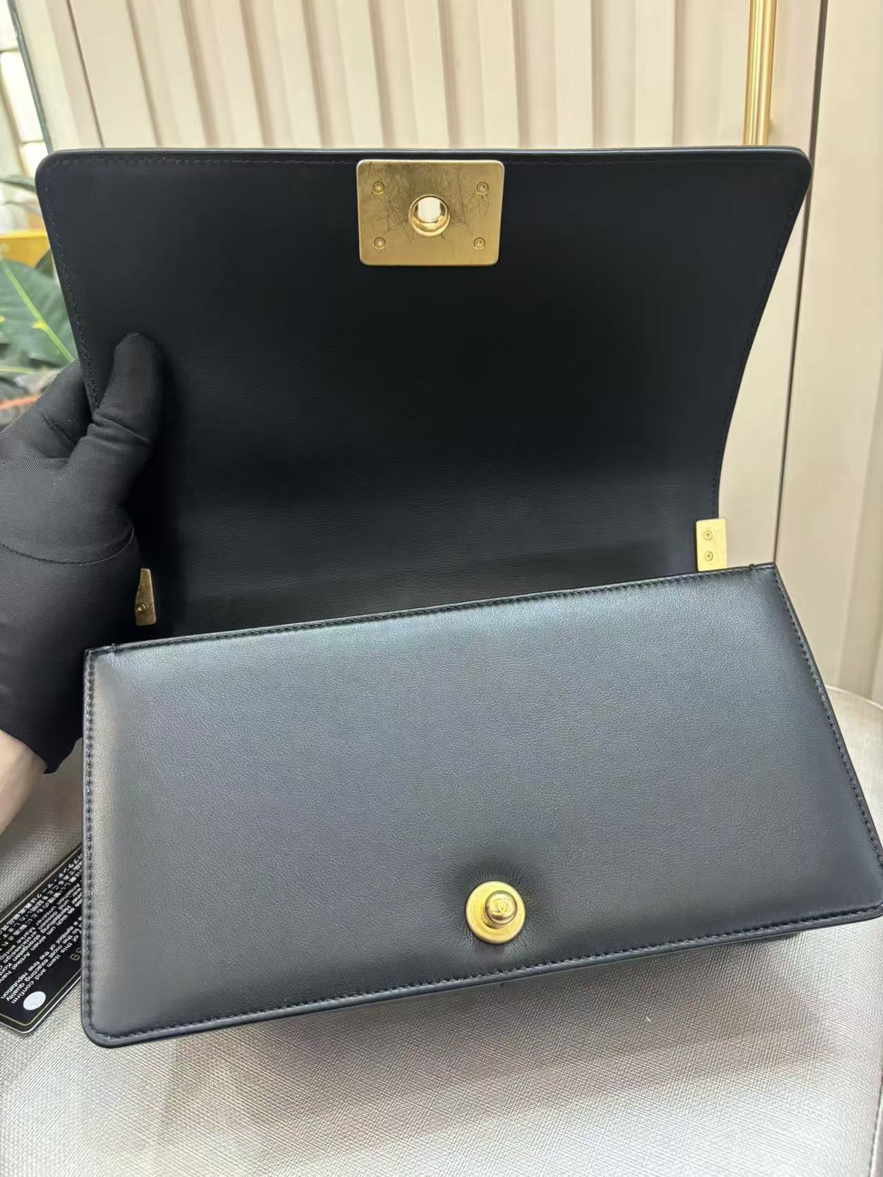 Pre-owned Certified Chanel Boy Bag Medium Black Calfskin with Golden Hardware, 2020, w/ Full set