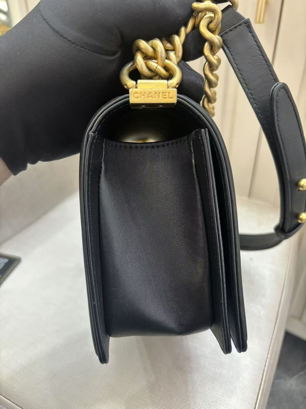 Pre-owned Certified Chanel Boy Bag Medium Black Calfskin with Golden Hardware, 2020, w/ Full set