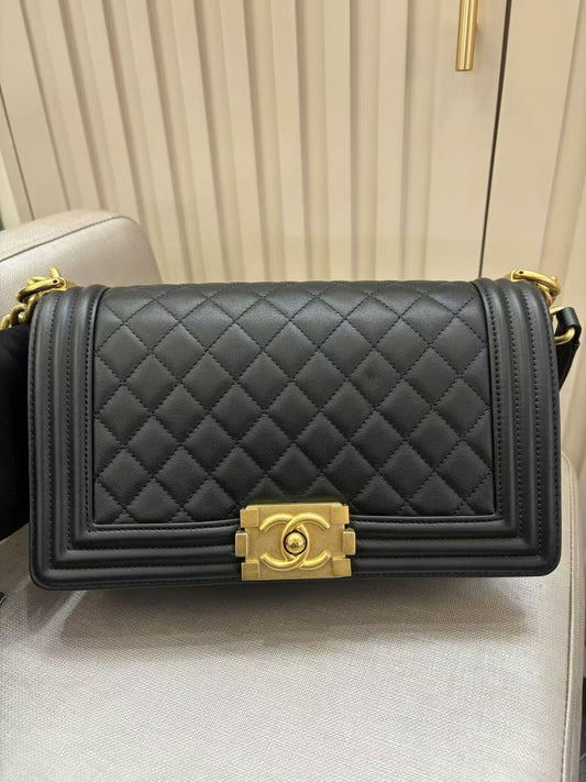 Pre-owned Certified Chanel Boy Bag Medium Black Calfskin with Golden Hardware, 2020, w/ Full set