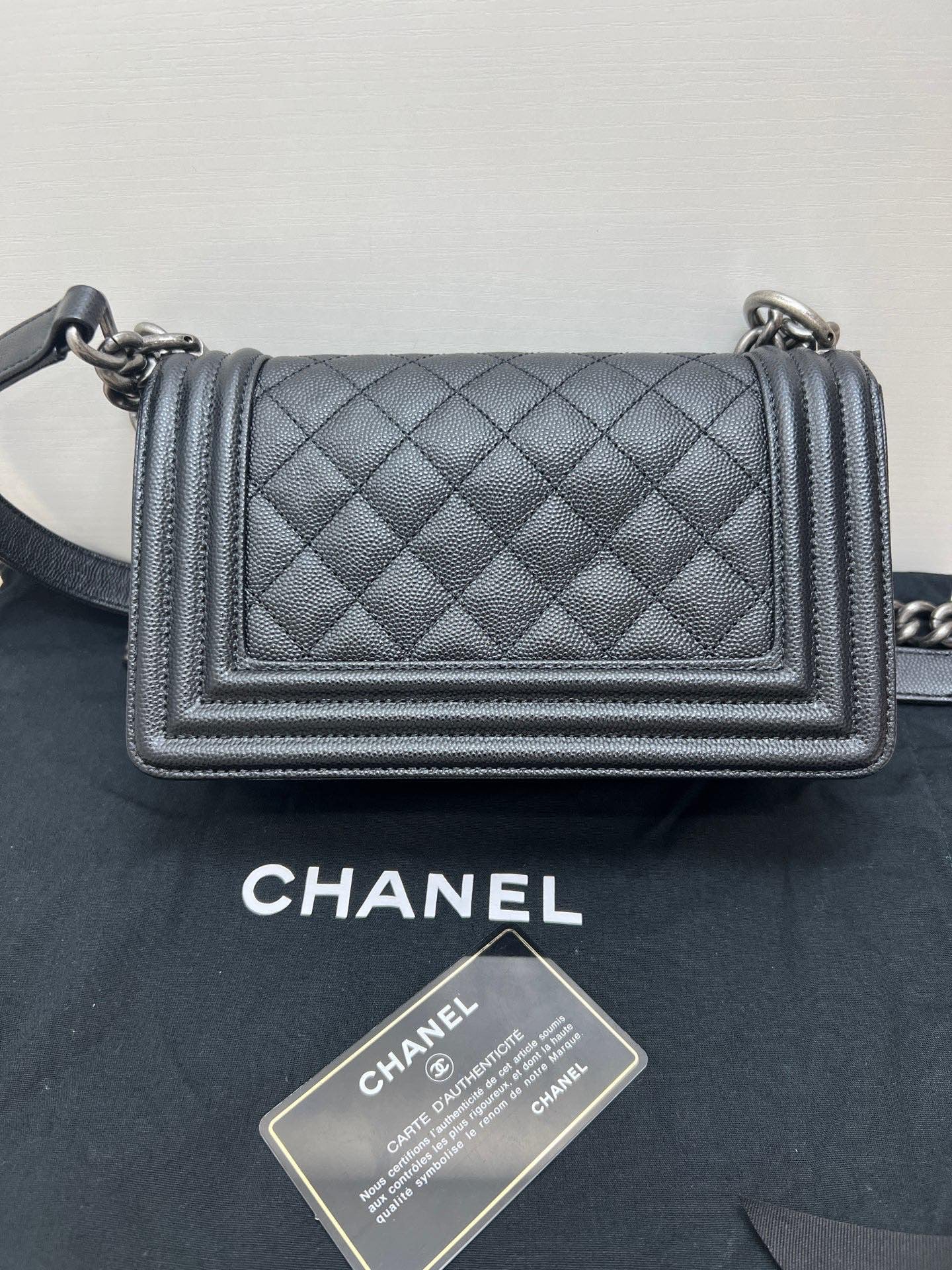 Pre-owned Certified Chanel Boy Bag Small Black Caviar Leather Dark Silver Hardware, 2020-2021, w/ full set - box, dust bag, Authenticity Card