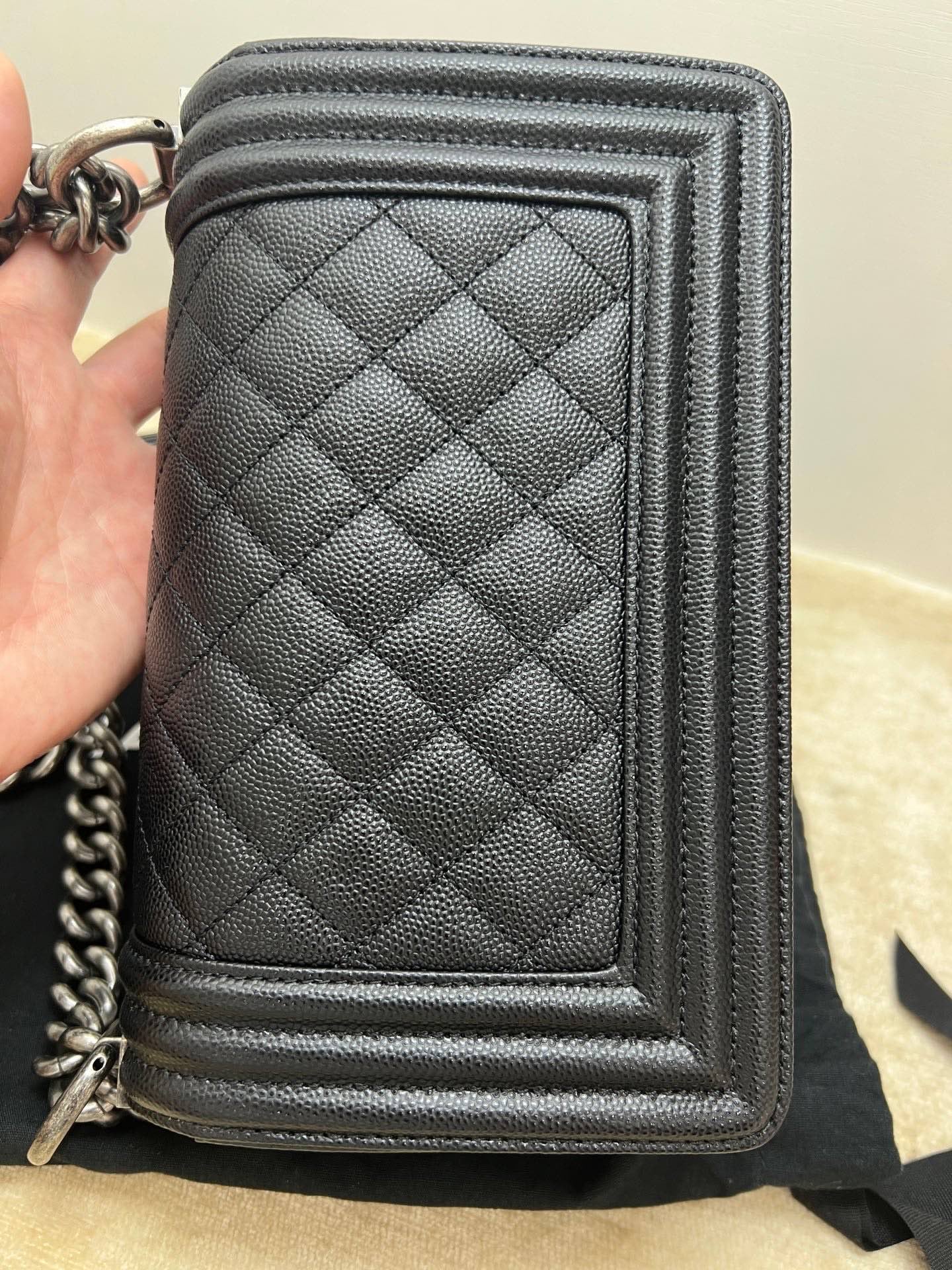 Pre-owned Certified Chanel Boy Bag Small Black Caviar Leather Dark Silver Hardware, 2020-2021, w/ full set - box, dust bag, Authenticity Card
