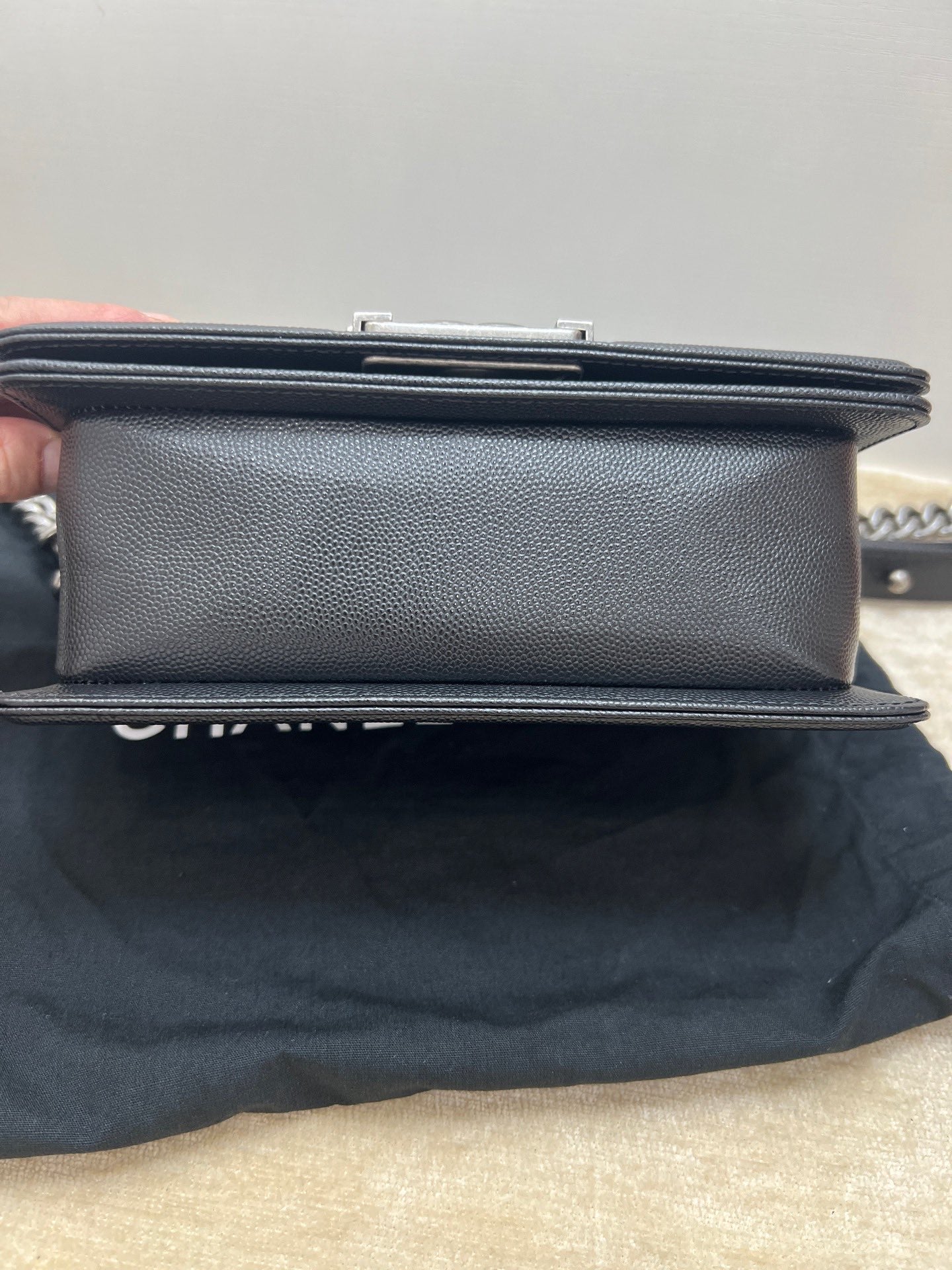 Pre-owned Certified Chanel Boy Bag Small Black Caviar Leather Dark Silver Hardware, 2020-2021, w/ full set - box, dust bag, Authenticity Card