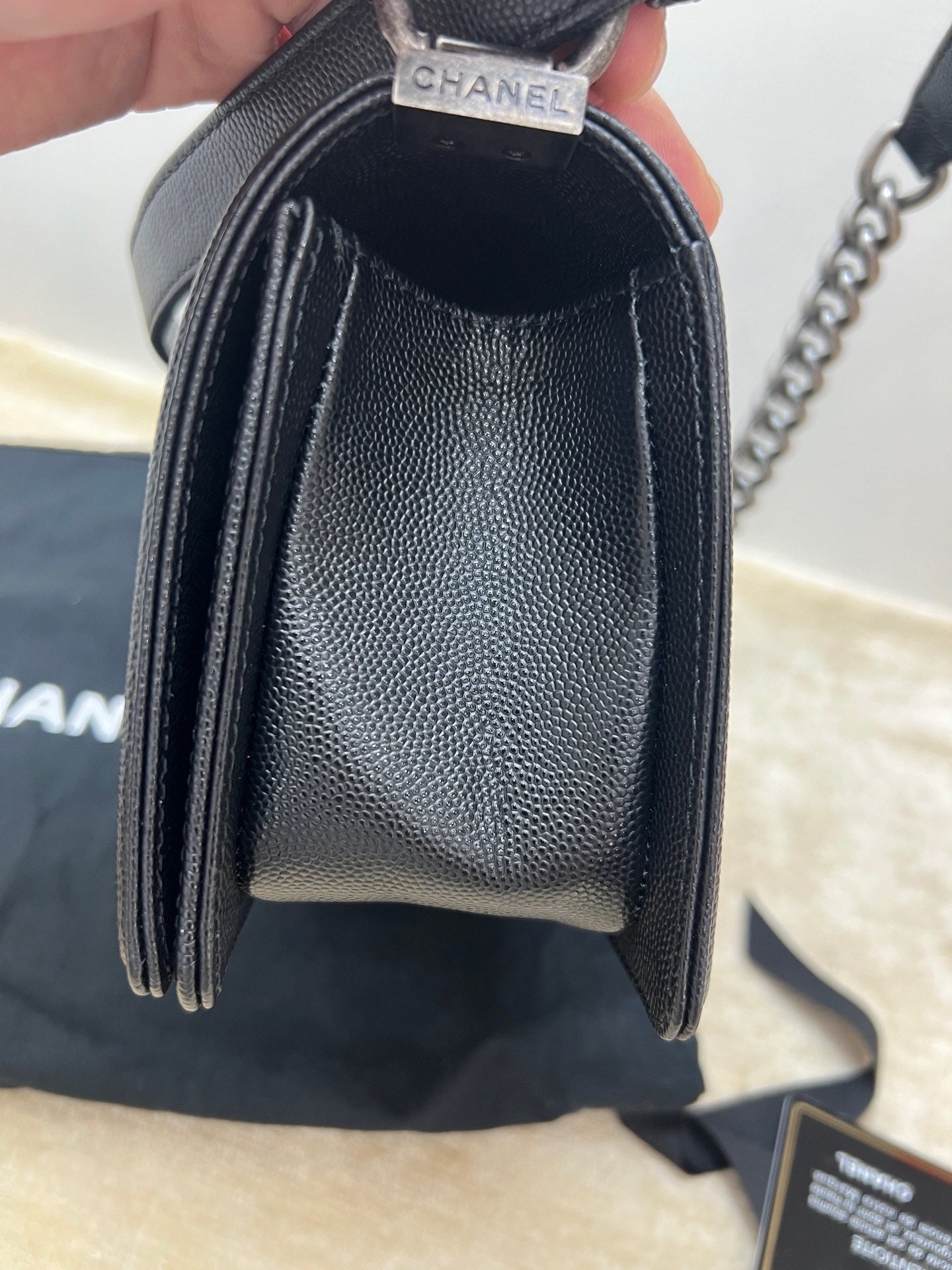 Pre-owned Certified Chanel Boy Bag Small Black Caviar Leather Dark Silver Hardware, 2020-2021, w/ full set - box, dust bag, Authenticity Card