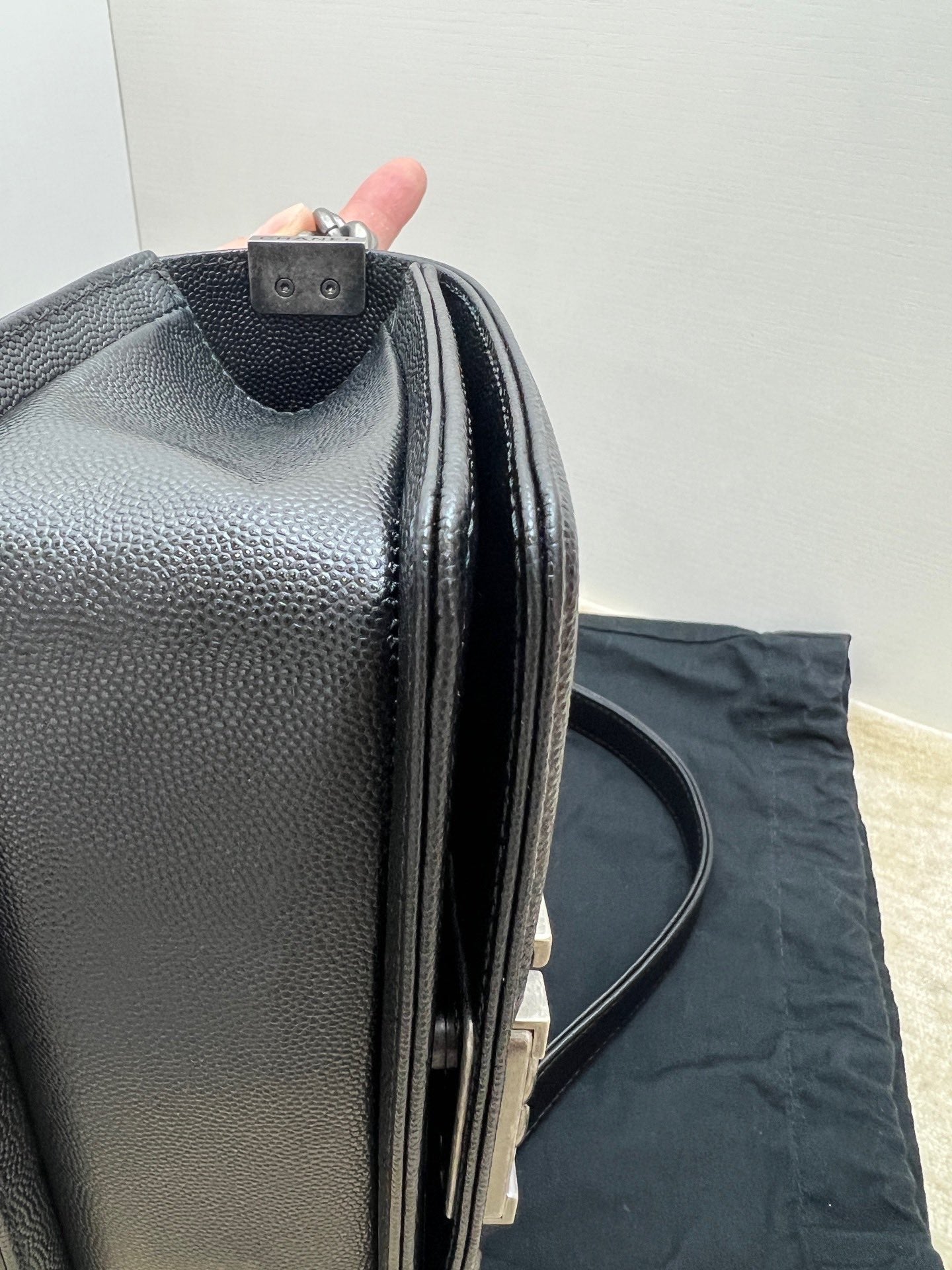 Pre-owned Certified Chanel Boy Bag Small Black Caviar Leather Dark Silver Hardware, 2020-2021, w/ full set - box, dust bag, Authenticity Card
