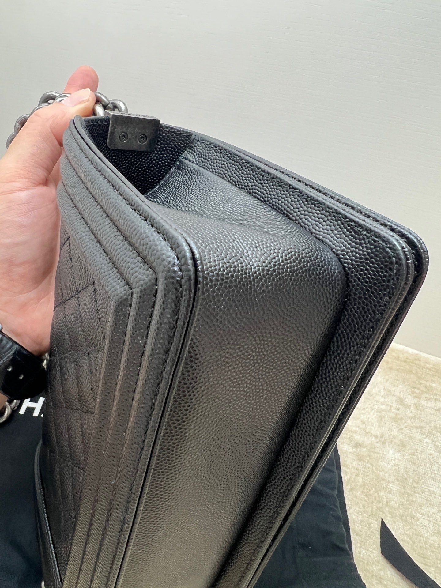 Pre-owned Certified Chanel Boy Bag Small Black Caviar Leather Dark Silver Hardware, 2020-2021, w/ full set - box, dust bag, Authenticity Card