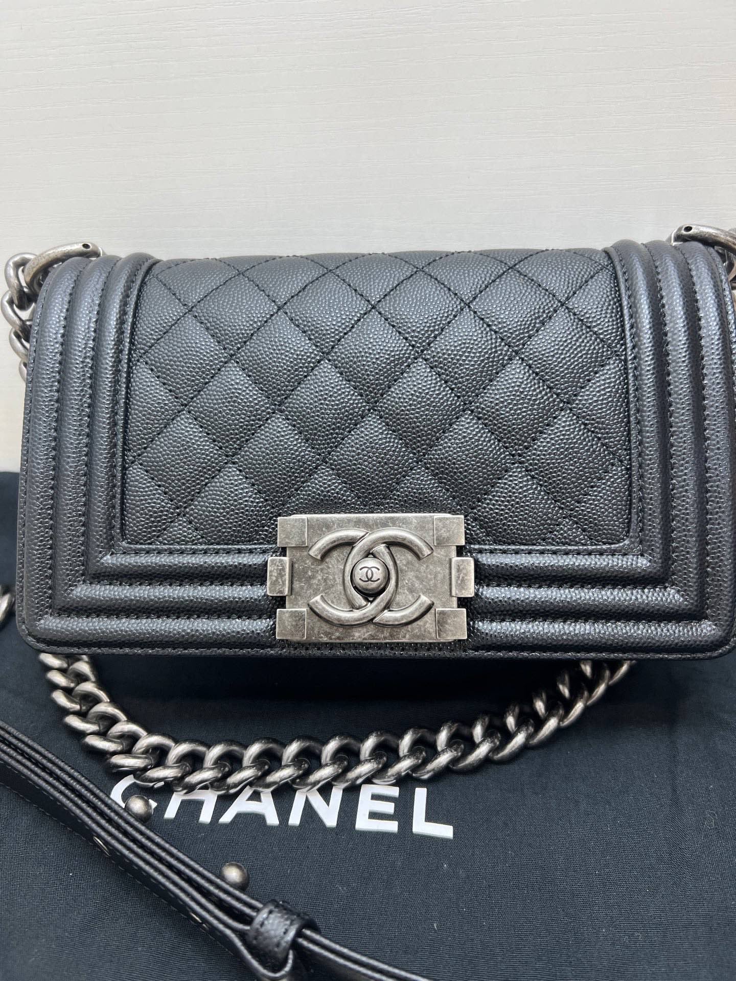 Pre-owned Certified Chanel Boy Bag Small Black Caviar Leather Dark Silver Hardware, 2020-2021, w/ full set - box, dust bag, Authenticity Card