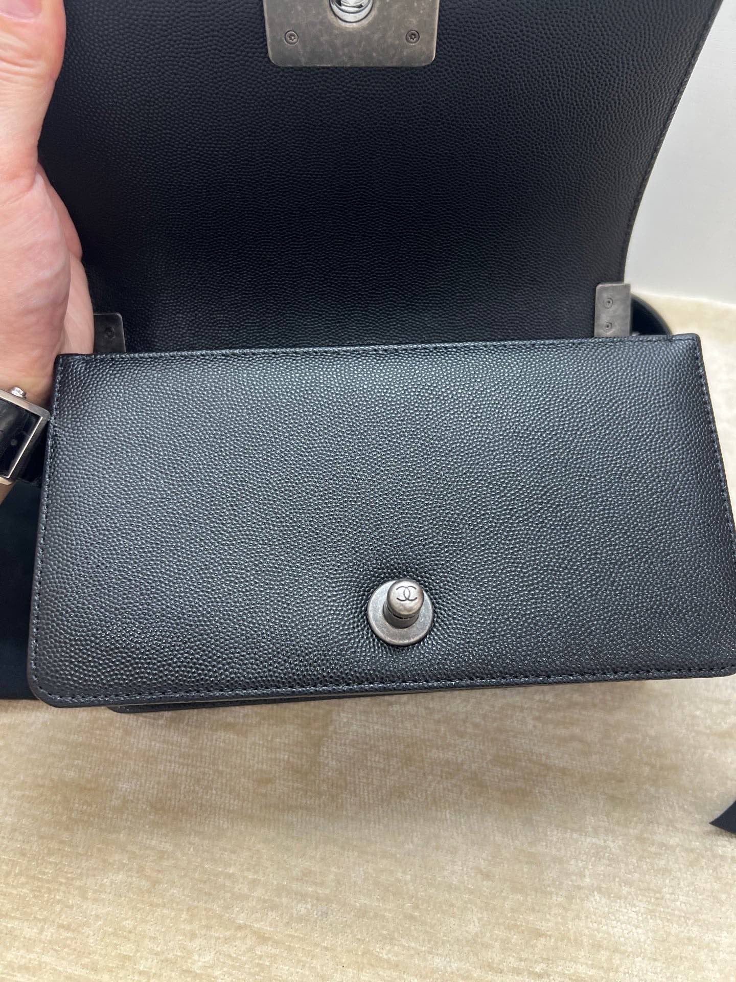 Pre-owned Certified Chanel Boy Bag Small Black Caviar Leather Dark Silver Hardware, 2020-2021, w/ full set - box, dust bag, Authenticity Card