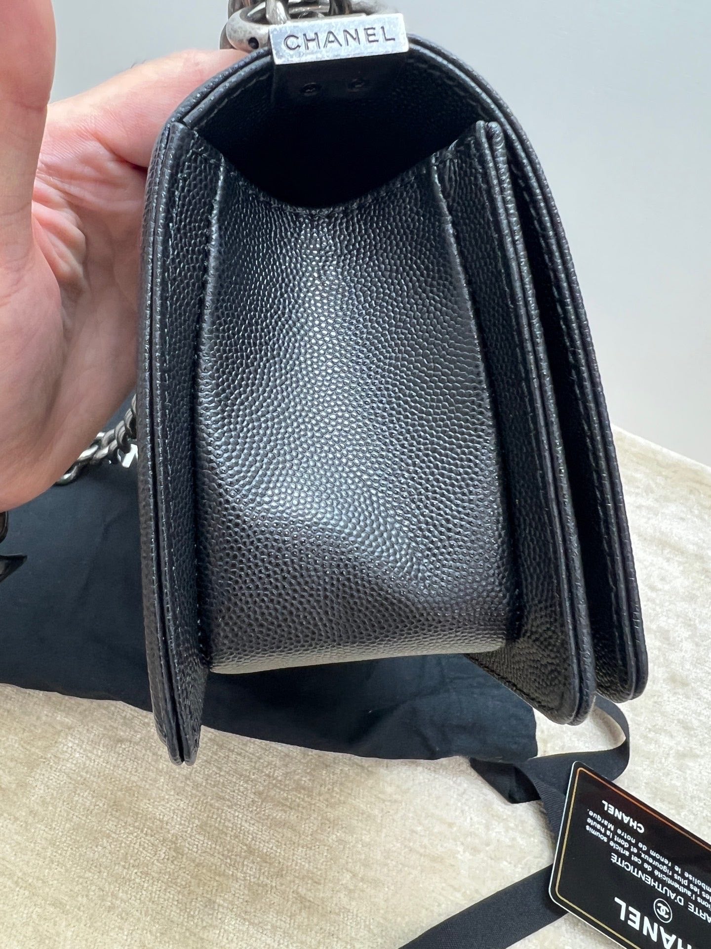 Pre-owned Certified Chanel Boy Bag Small Black Caviar Leather Dark Silver Hardware, 2020-2021, w/ full set - box, dust bag, Authenticity Card