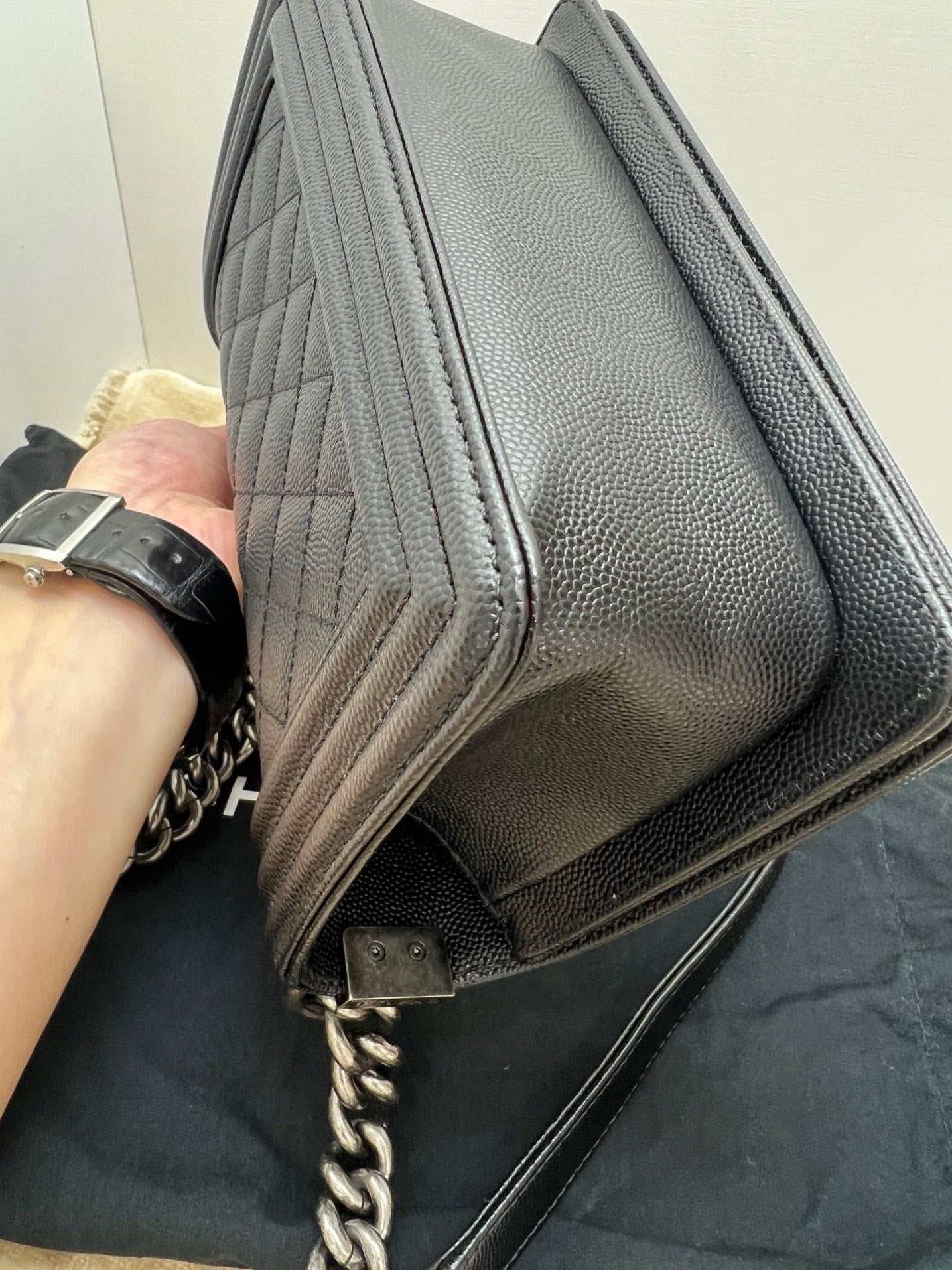 Pre-owned Certified Chanel Boy Bag Small Black Caviar Leather Dark Silver Hardware, 2020-2021, w/ full set - box, dust bag, Authenticity Card