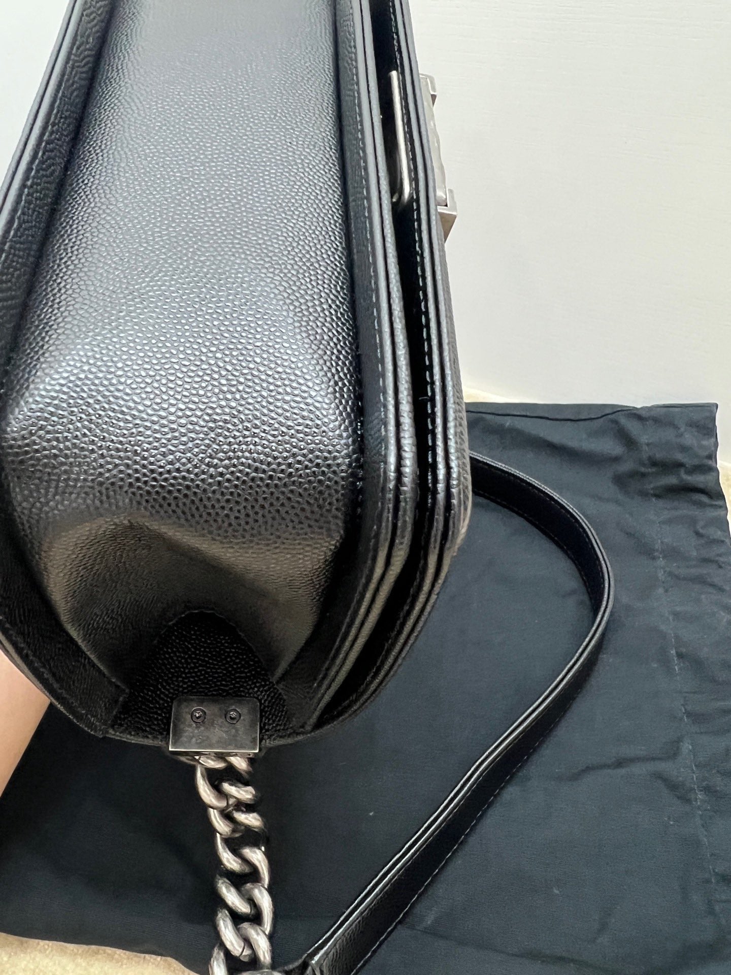 Pre-owned Certified Chanel Boy Bag Small Black Caviar Leather Dark Silver Hardware, 2020-2021, w/ full set - box, dust bag, Authenticity Card