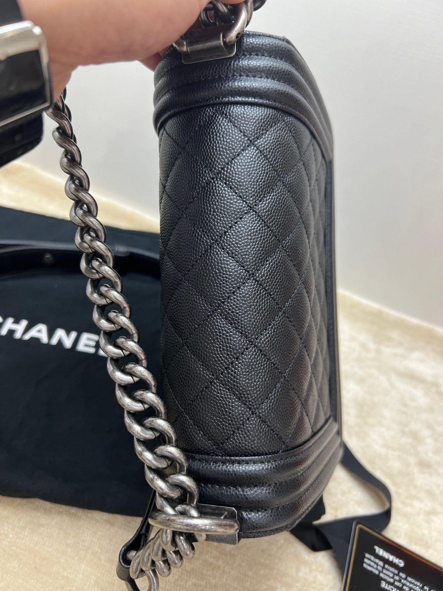 Pre-owned Certified Chanel Boy Bag Small Black Caviar Leather Dark Silver Hardware, 2020-2021, w/ full set - box, dust bag, Authenticity Card