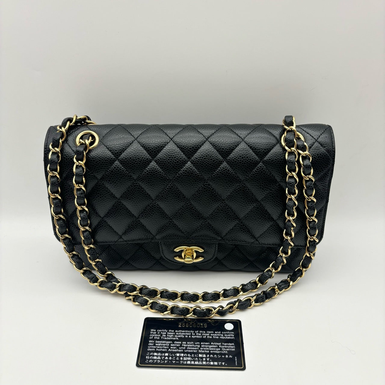 Pre-owned Certified Chanel Classic Flap CF Medium Black Caviar Leather Golden Hardware, 2018, w/ full set - Chanel card, box, dust bag