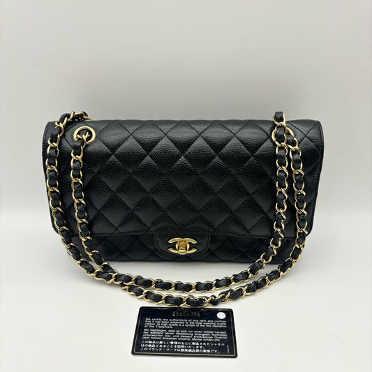 Pre-owned Certified Chanel Classic Flap CF Medium Black Caviar Leather Golden Hardware, 2018, w/ full set - Chanel card, box, dust bag