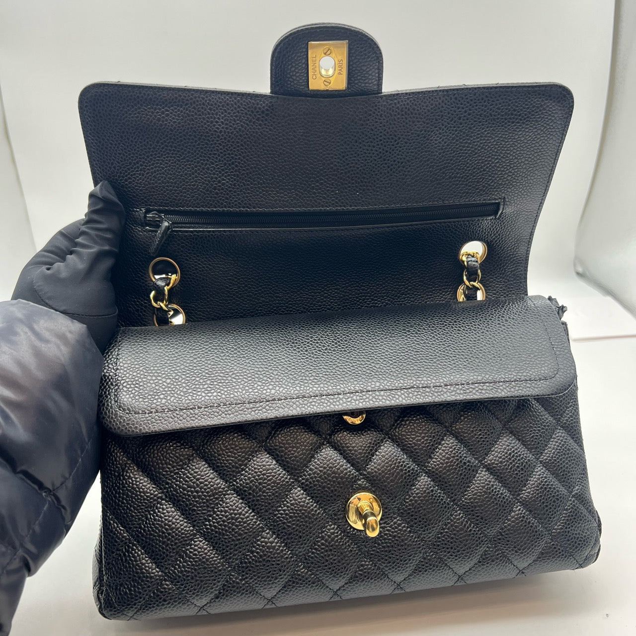Pre-owned Certified Chanel Classic Flap CF Medium Black Caviar Leather Golden Hardware, 2018, w/ full set - Chanel card, box, dust bag