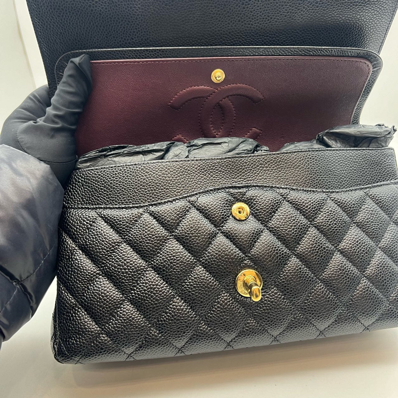 Pre-owned Certified Chanel Classic Flap CF Medium Black Caviar Leather Golden Hardware, 2018, w/ full set - Chanel card, box, dust bag