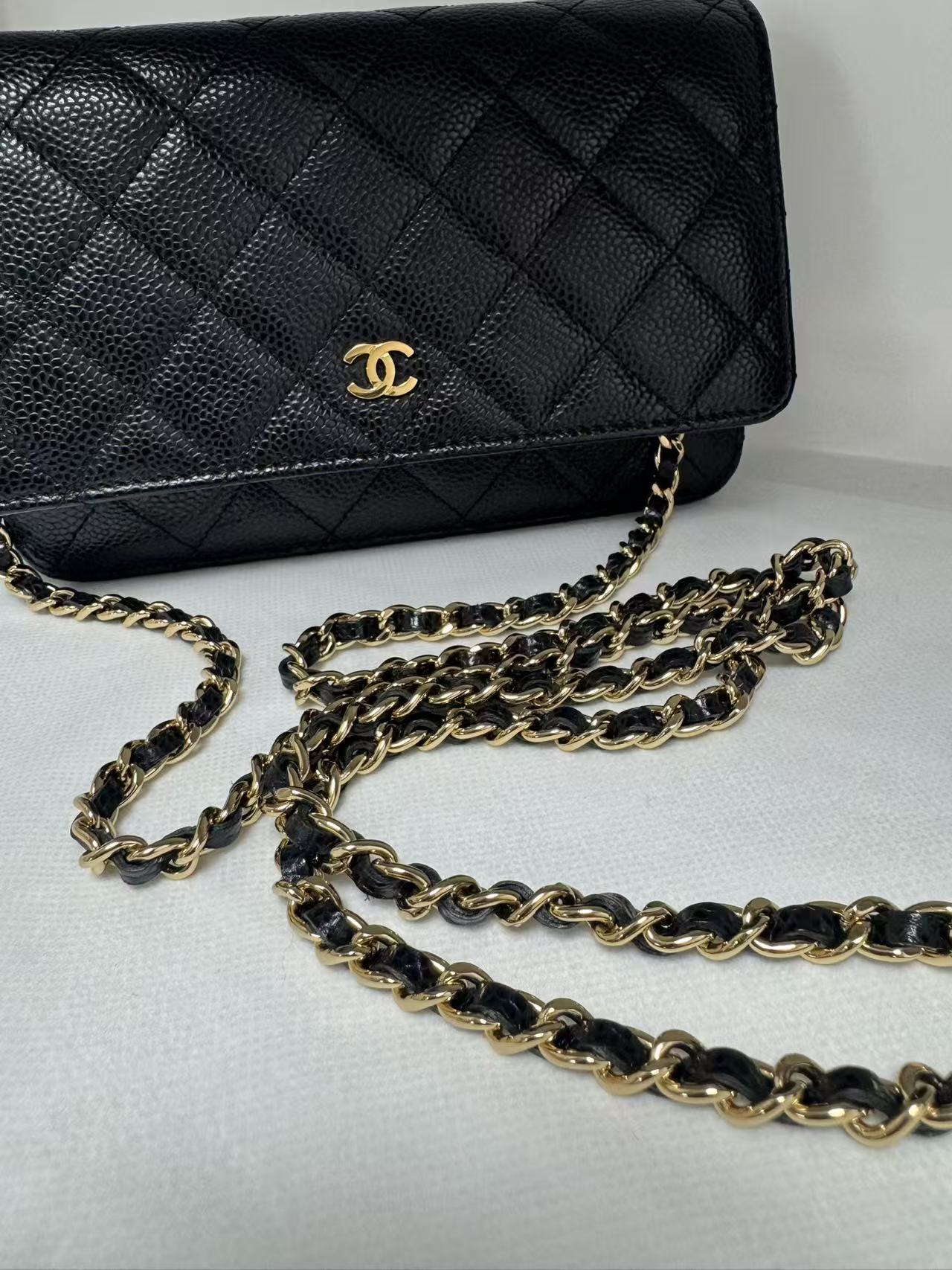 Pre-owned Certified Chanel Classic WOC Wallet on Chain Black Caviar Leather with Golden Hardware, mid2019, w/ full set