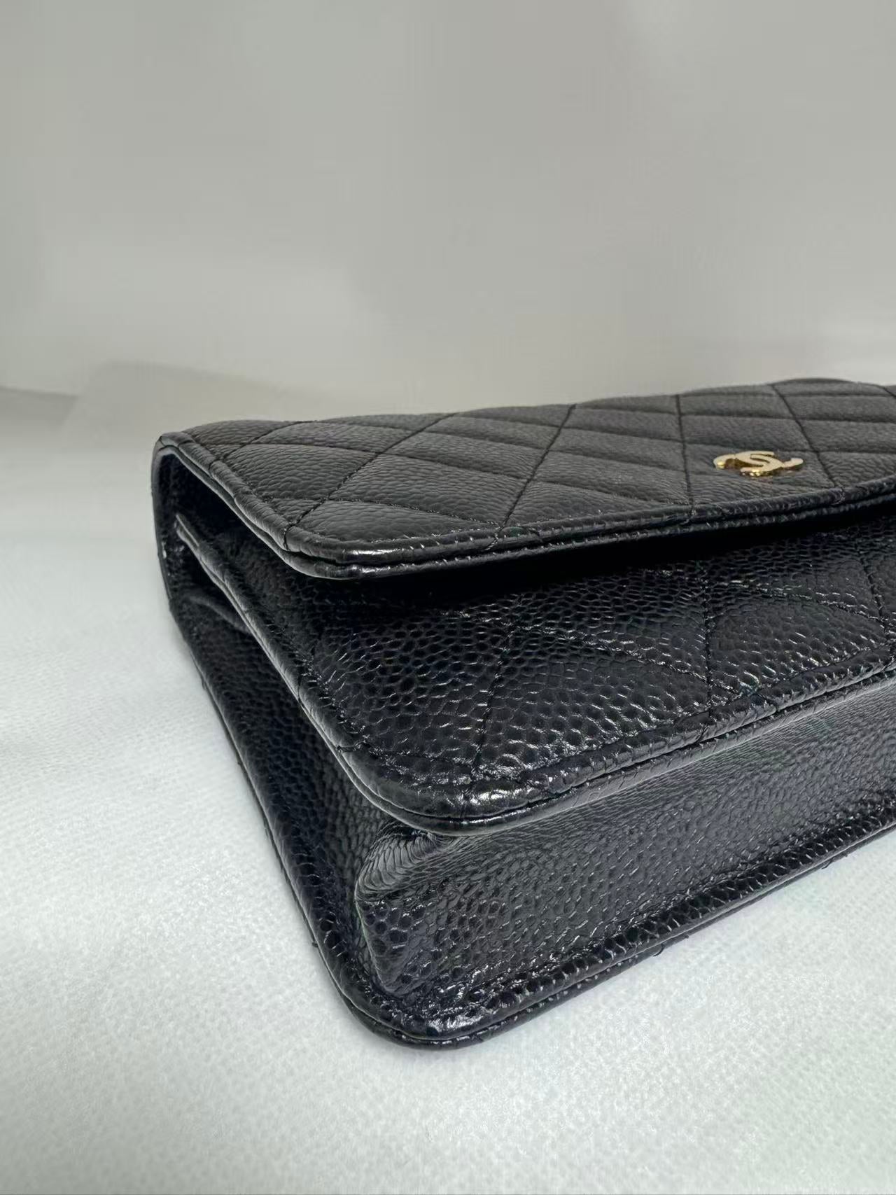 Pre-owned Certified Chanel Classic WOC Wallet on Chain Black Caviar Leather with Golden Hardware, mid2019, w/ full set