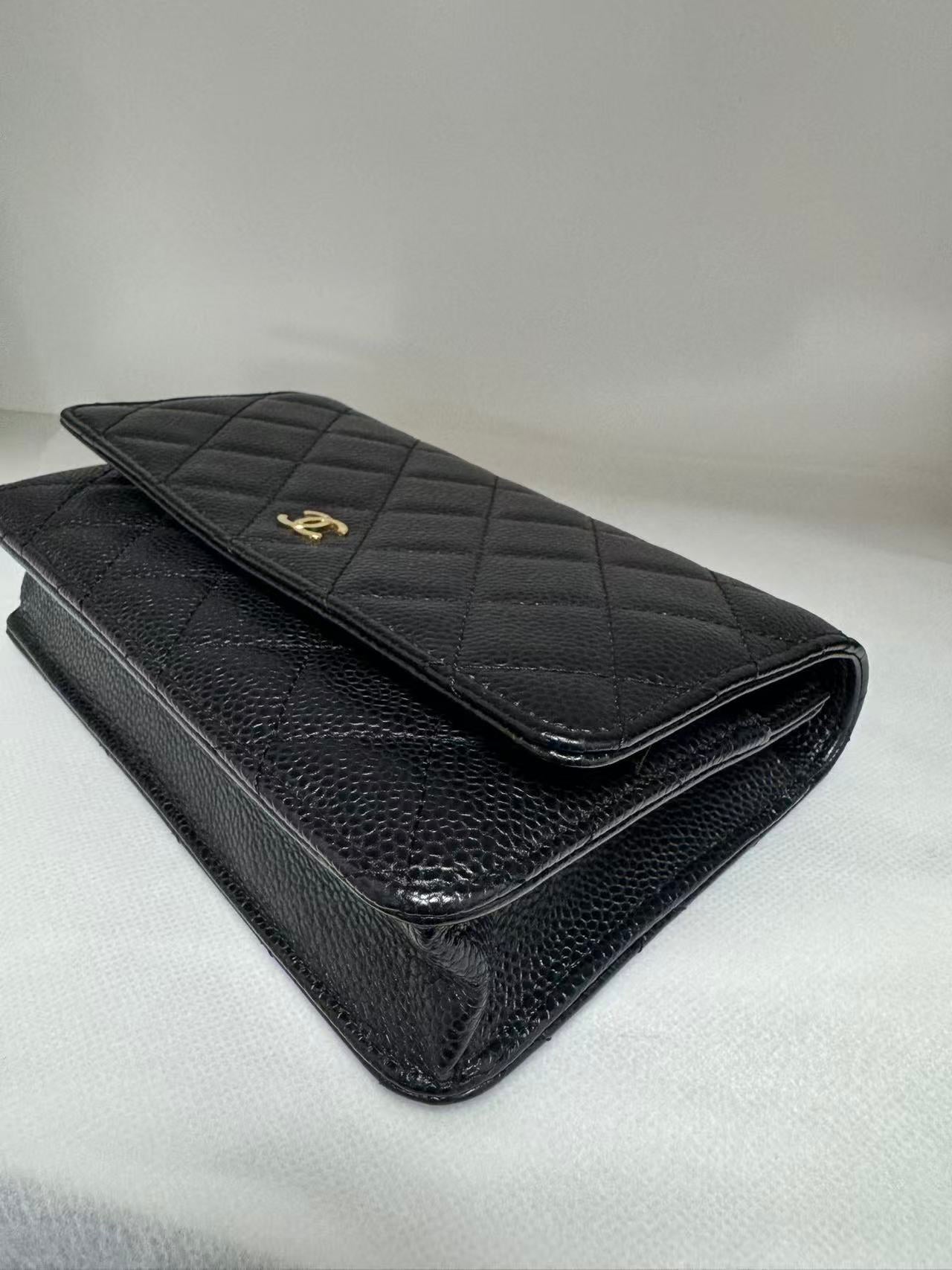 Pre-owned Certified Chanel Classic WOC Wallet on Chain Black Caviar Leather with Golden Hardware, mid2019, w/ full set