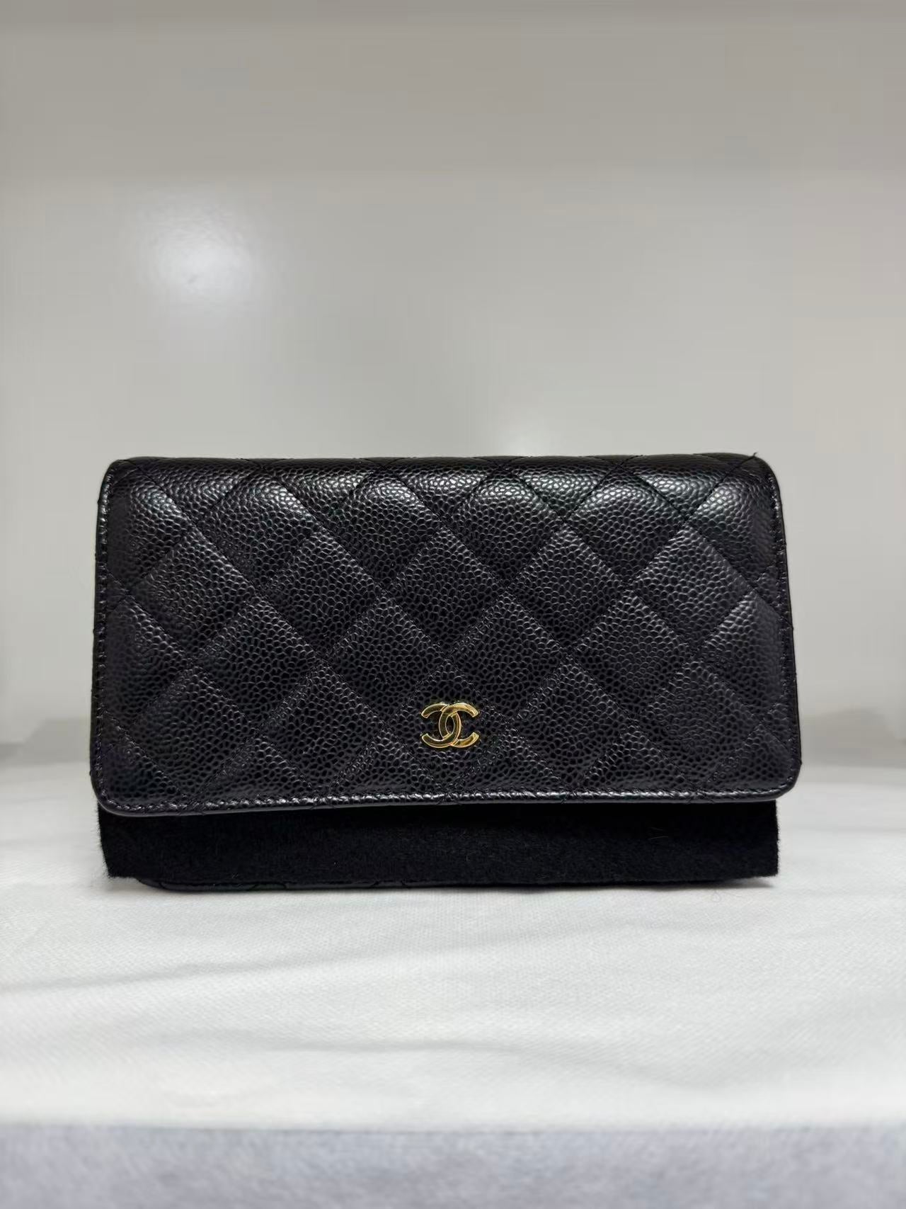 Pre-owned Certified Chanel Classic WOC Wallet on Chain Black Caviar Leather with Golden Hardware, mid2019, w/ full set