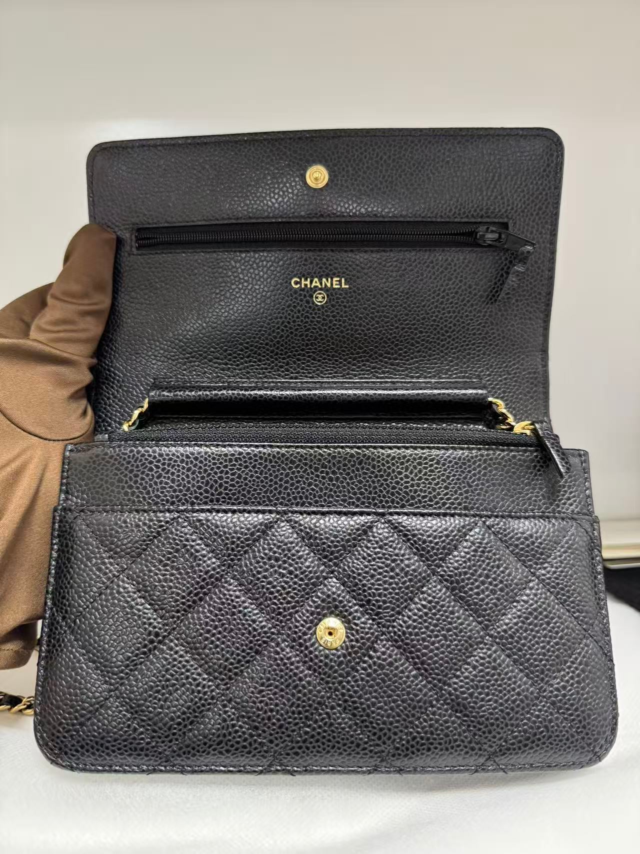 Pre-owned Certified Chanel Classic WOC Wallet on Chain Black Caviar Leather with Golden Hardware, mid2019, w/ full set