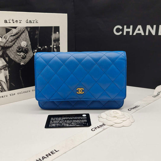 Pre-owned Certified Chanel Classic WOC in Blue Lambskin Golden Hardware, mid-2019, w/ card, dust bag