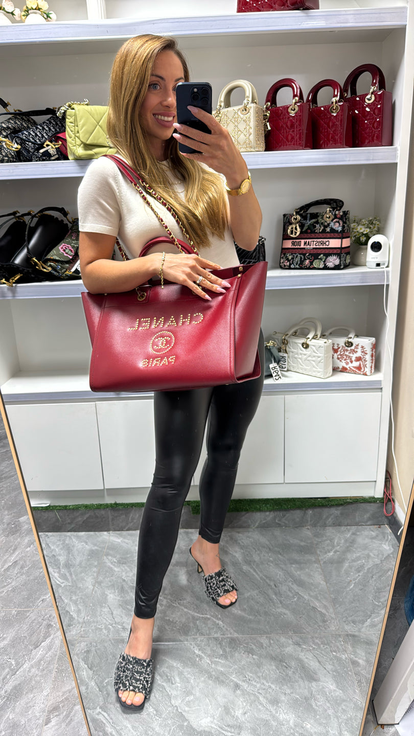 Pre-owned Certified Chanel Deauville Tote GM Burgundy Caviar Leather with Golden Hardware, 2019, w/ dust bag